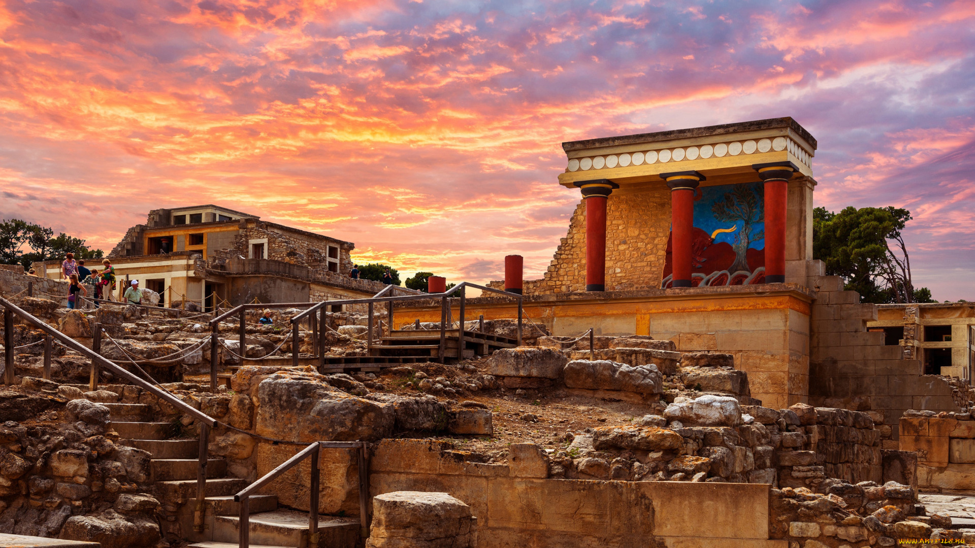 города, -, исторические, , архитектурные, памятники, кносский, дворец, зарево, туристы, развалины, лестница