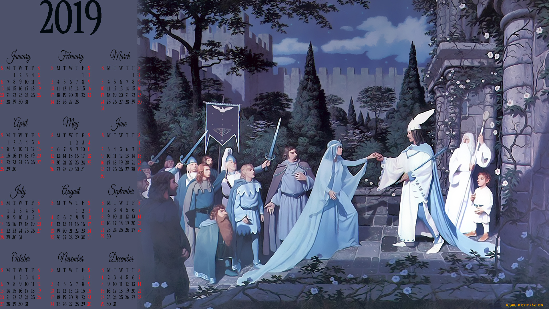 календари, фэнтези, замок, девушка, мужчина, люди