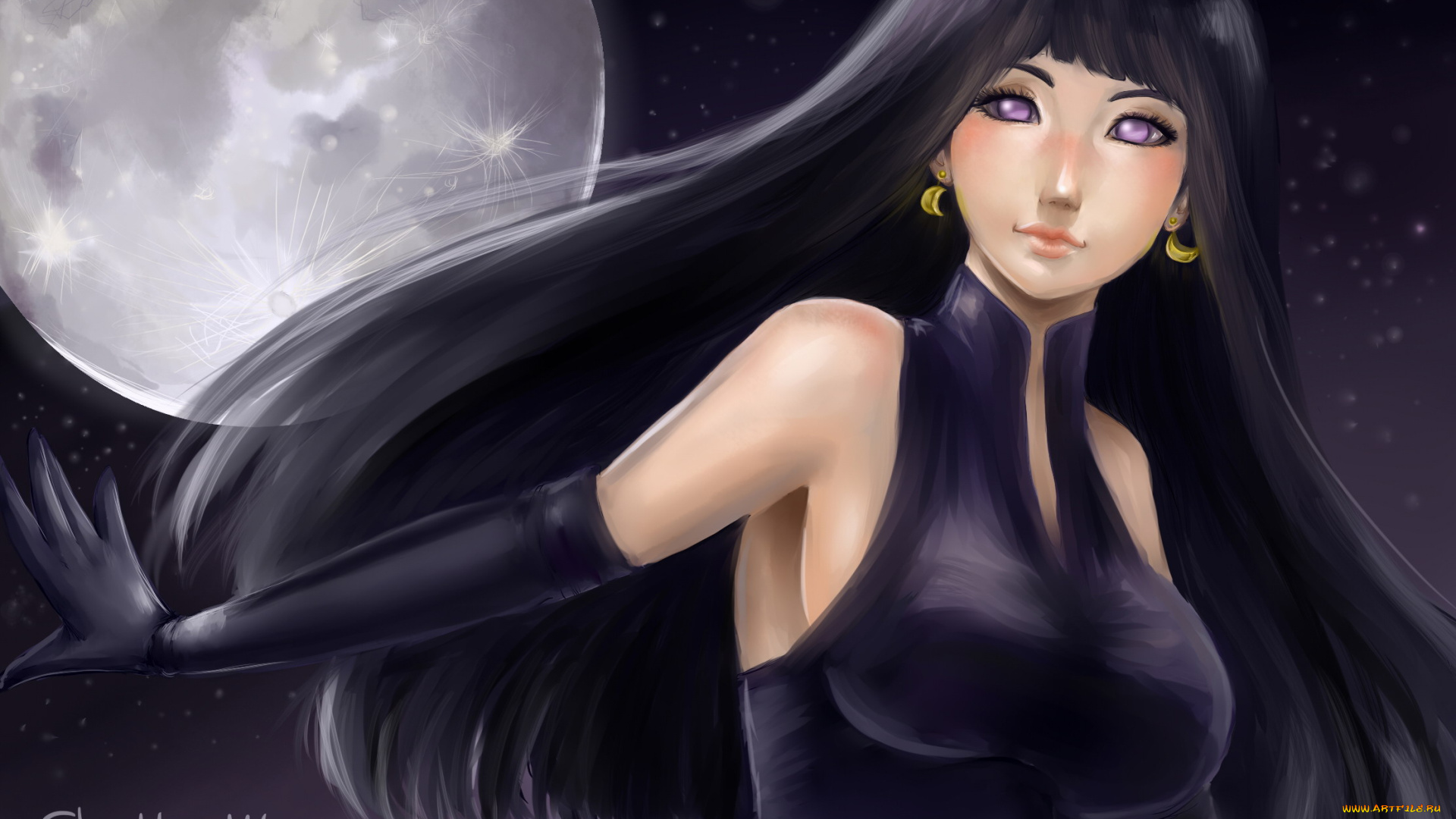 аниме, naruto, хината, хьюга, перчатки, луна