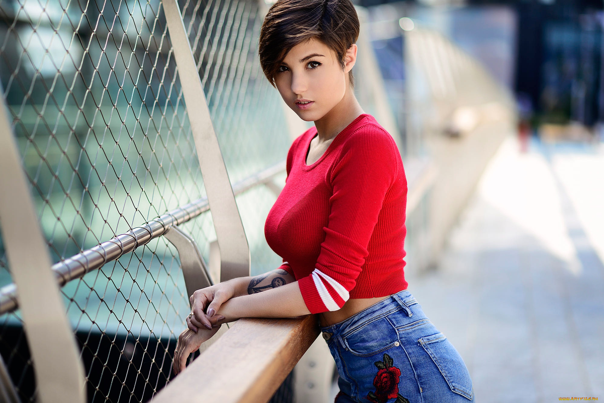 девушки, -, брюнетки, , шатенки, девушка, модель, красный, джинсы, брюнетка, причёска, красотка, поза, макияж, взгляд