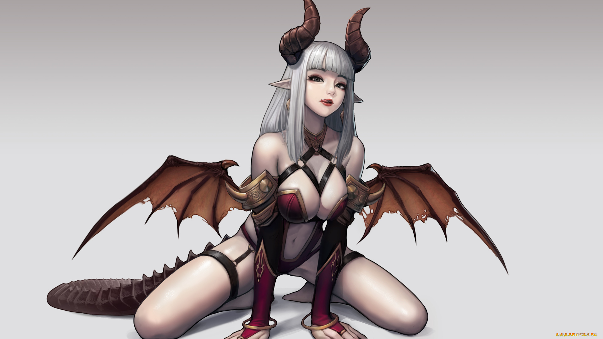 аниме, ангелы, , демоны, девушка, фон, взгляд, рога, крылья, хвост, ушки, корсет