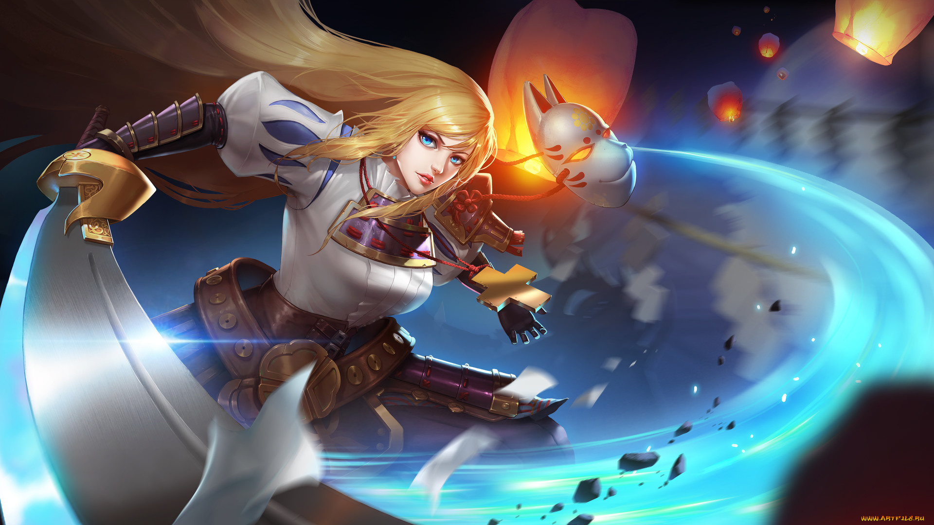 видео, игры, legend, of, ace, девушка, меч, маска, фонарики