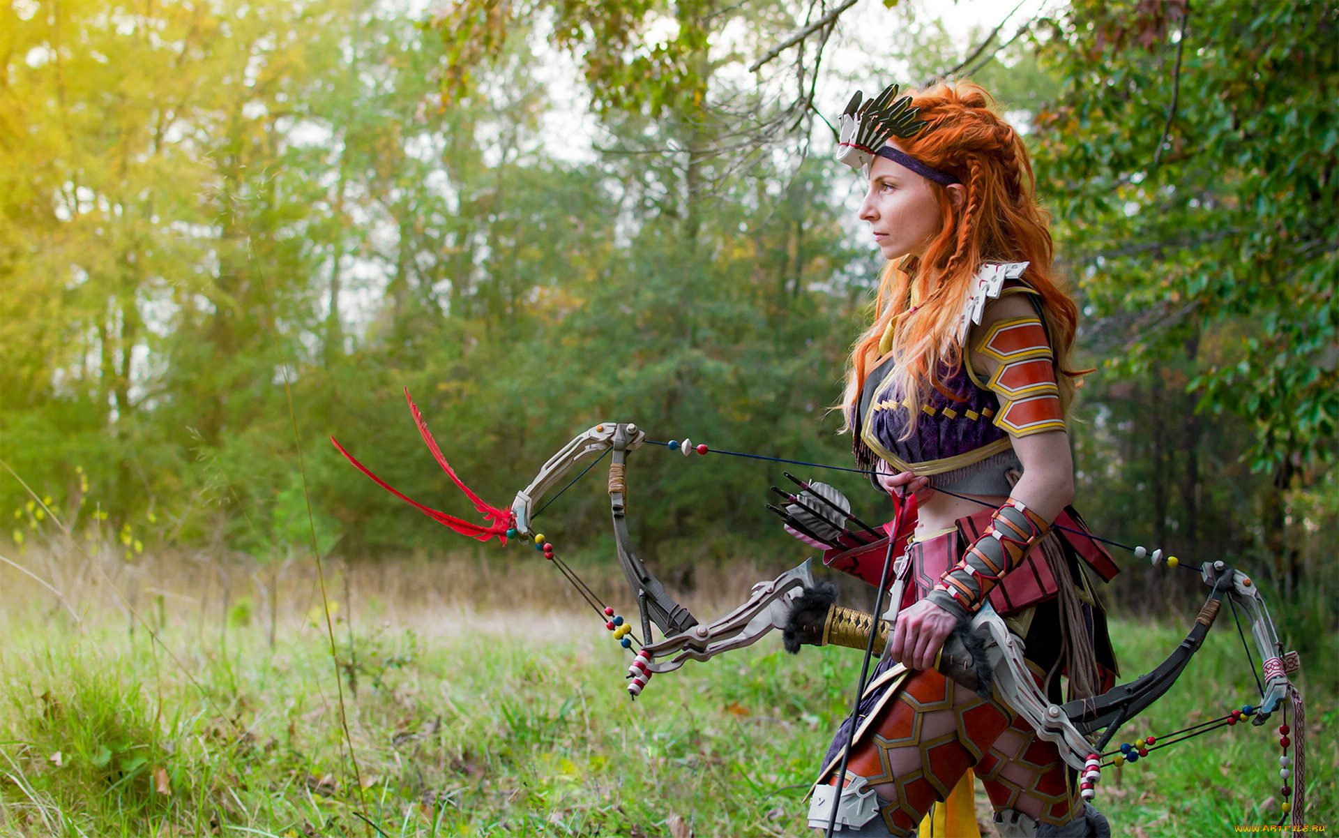 девушки, -, креатив, , косплей, рыжая, лучница, лук, костюм, природа