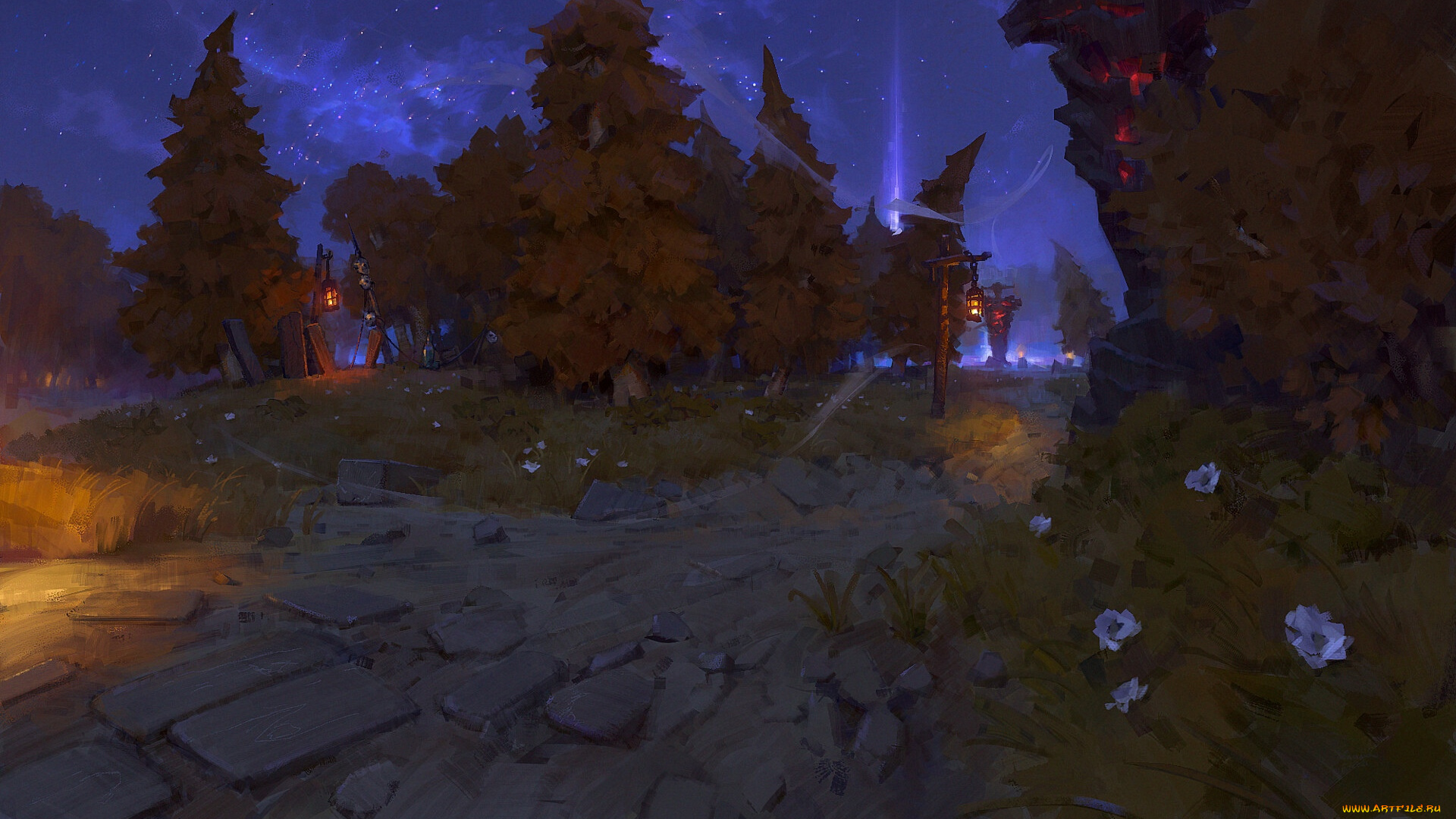 рисованное, природа, лес, дорога, фонари