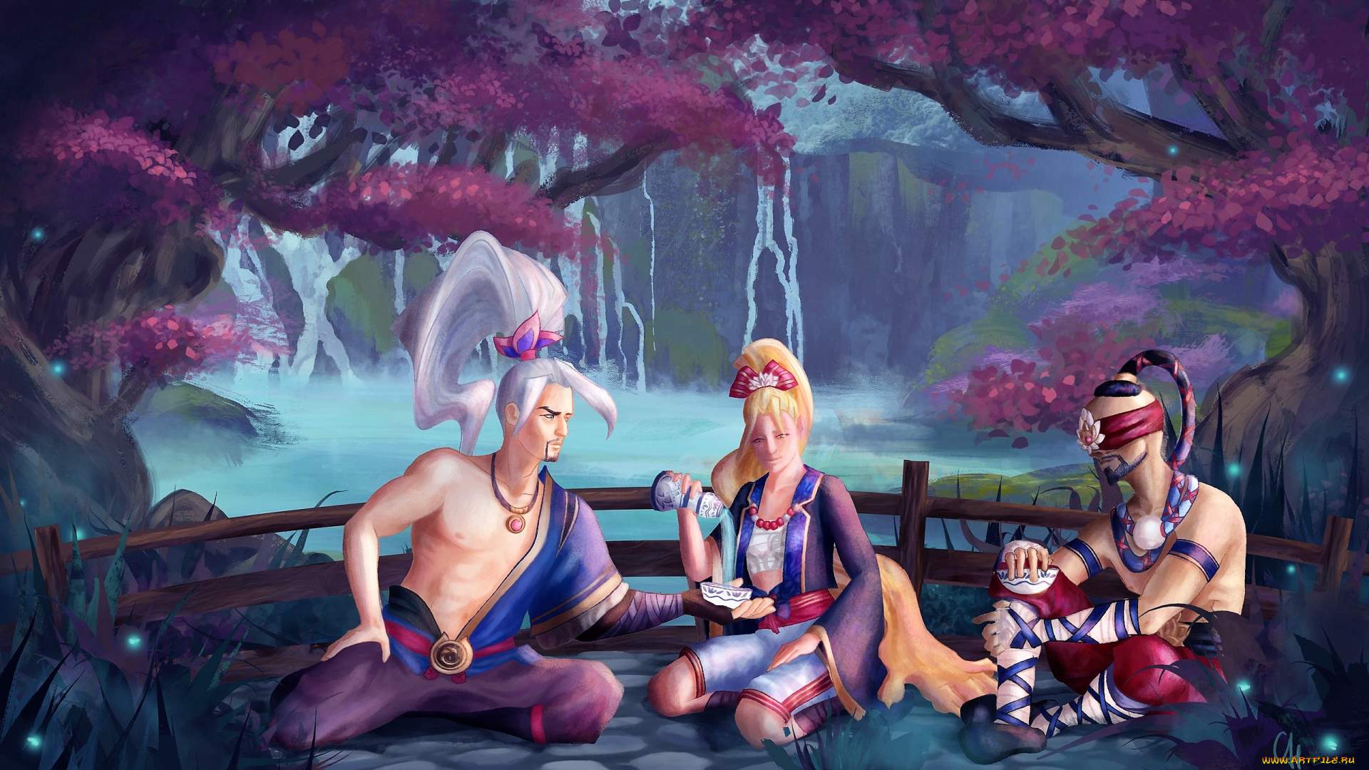 видео, игры, league, of, legends, водопад, деревья, персонажи