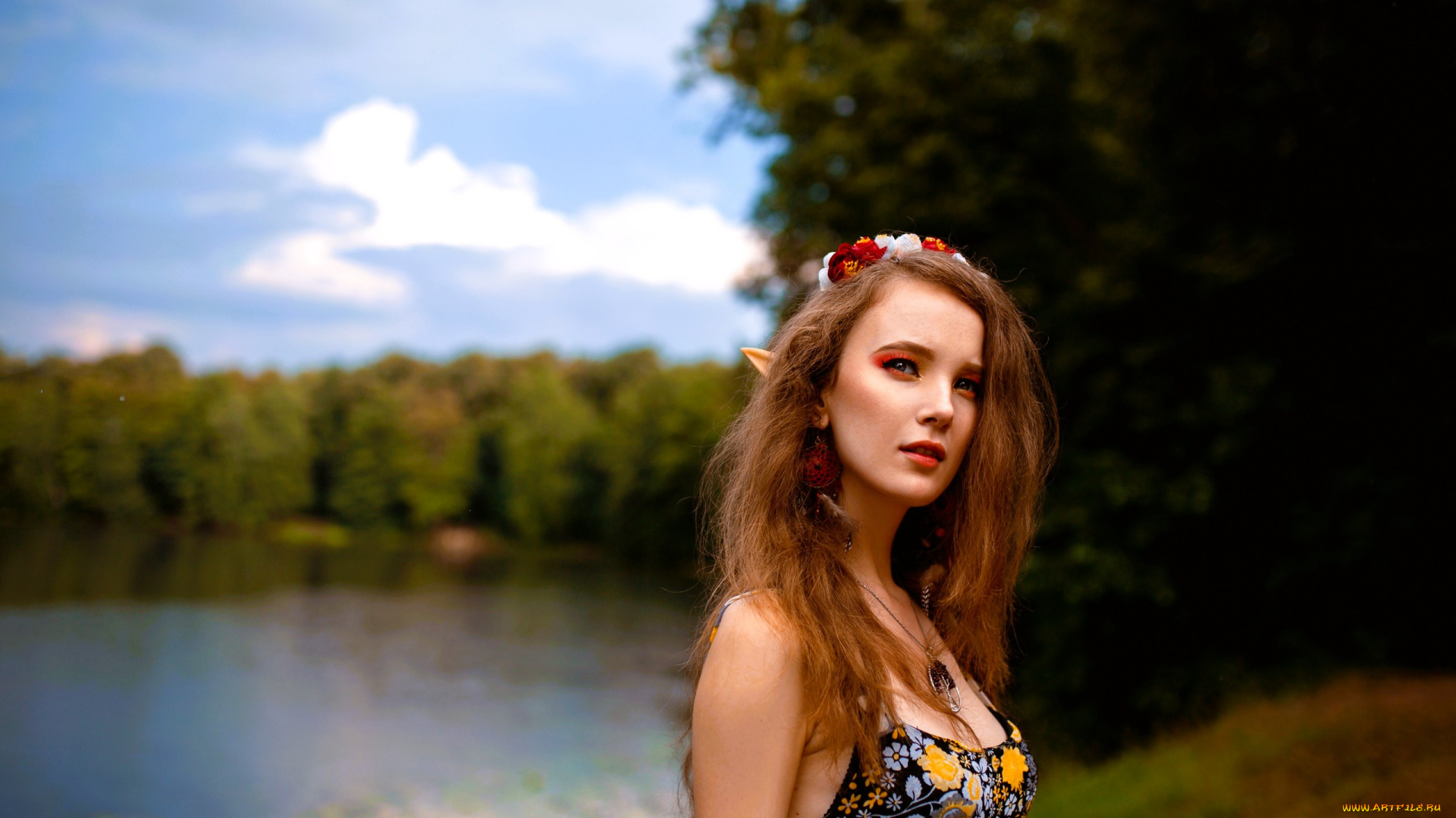 девушки, ксана, станкевич, косплей, образ, эльфийка, ушки, украшения, лес, озеро