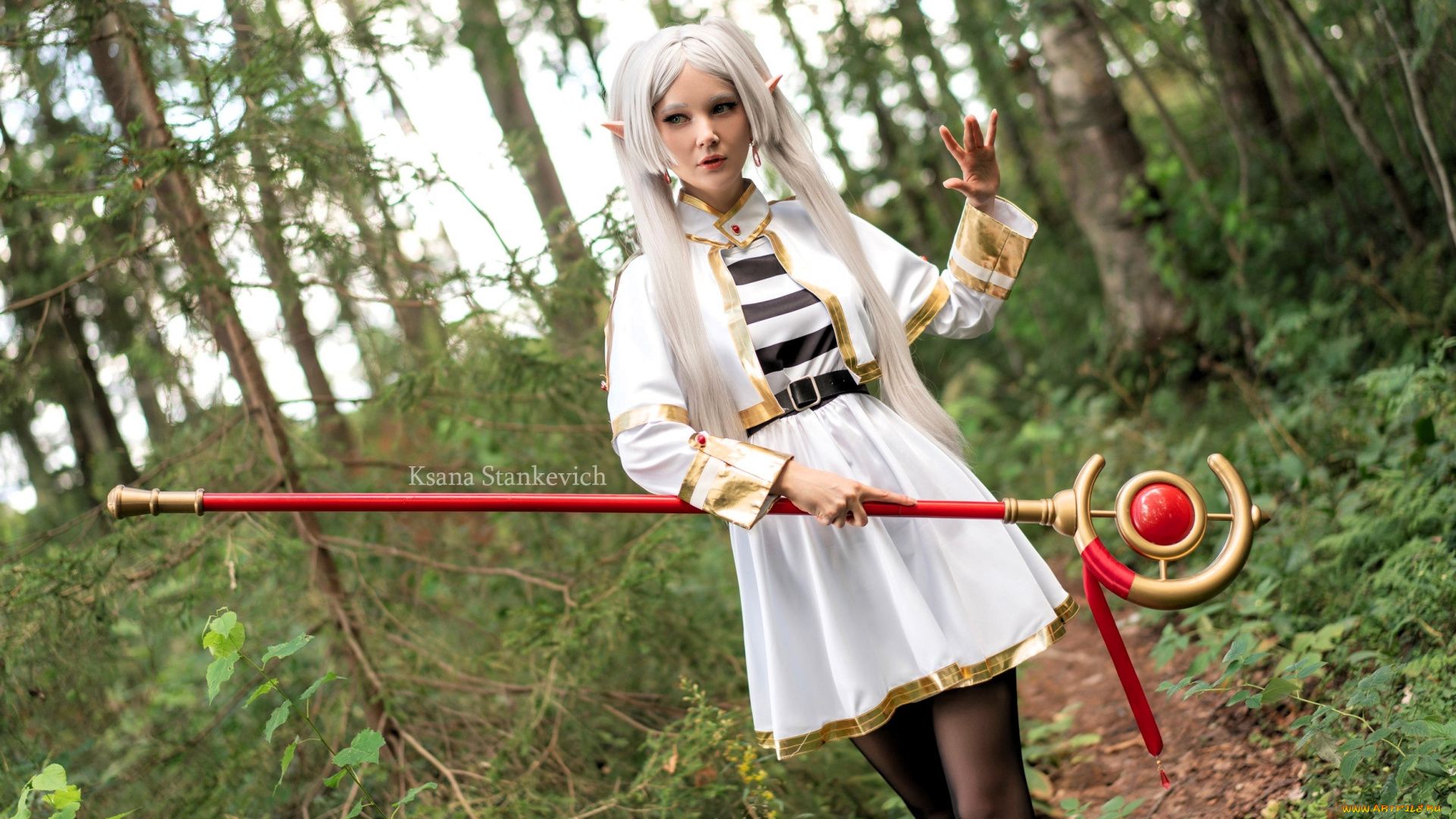 девушки, ксана, станкевич, образ, косплей, наряд, костюм, эльфийка, ушки, посох, лес