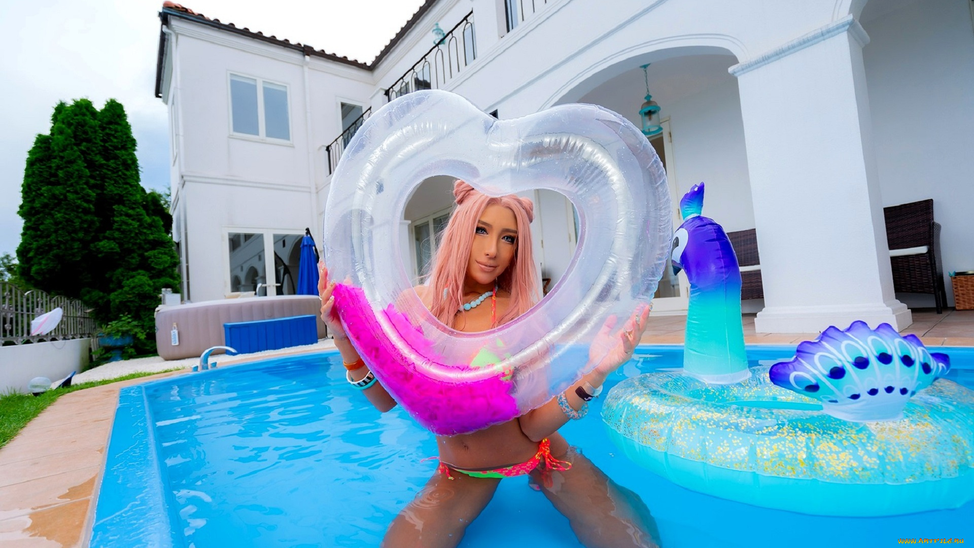 девушки, nonsummerjack, купальник, украшения, особняк, бассейн, круги
