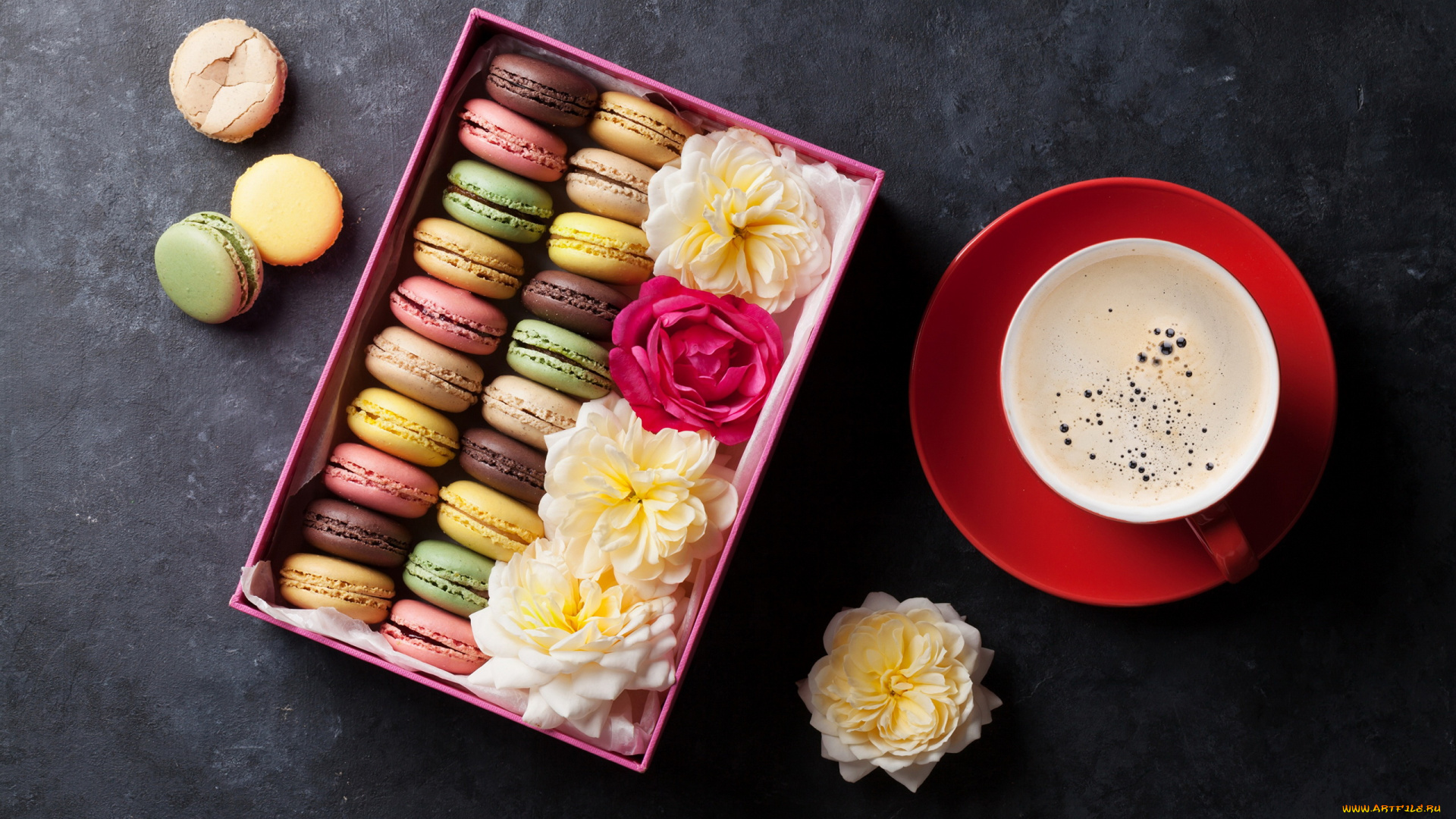 еда, макаруны, лакомство, ассорти, розы, кофе