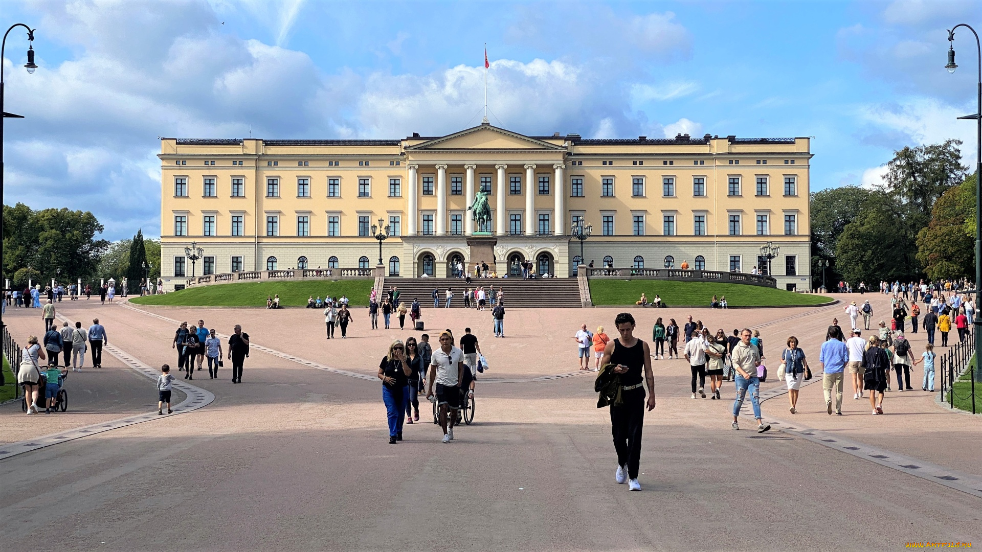 города, осло, , норвегия, здание, памятник, прохожие