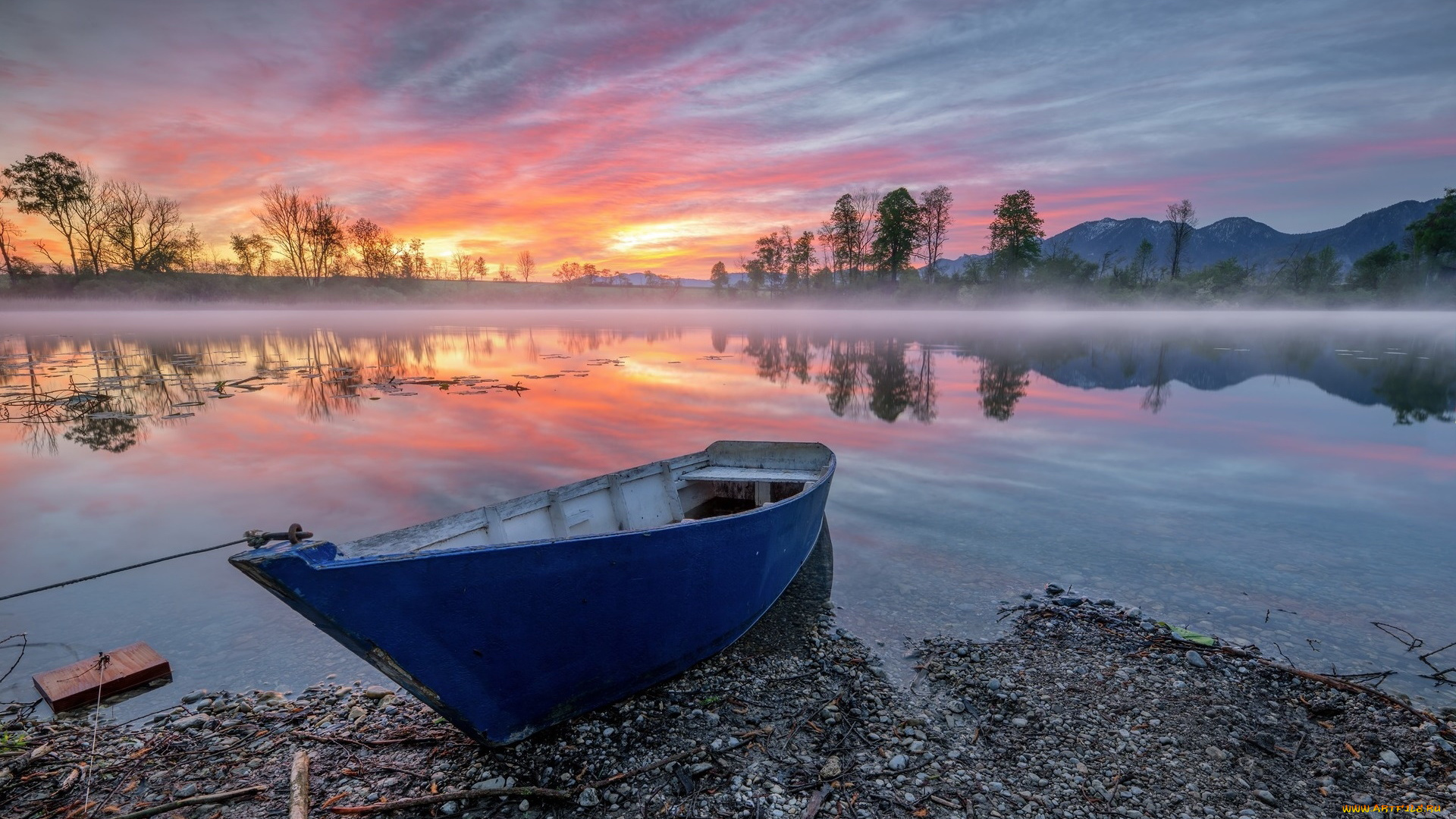 корабли, лодки, , шлюпки, горы, река, лодка, закат, туман