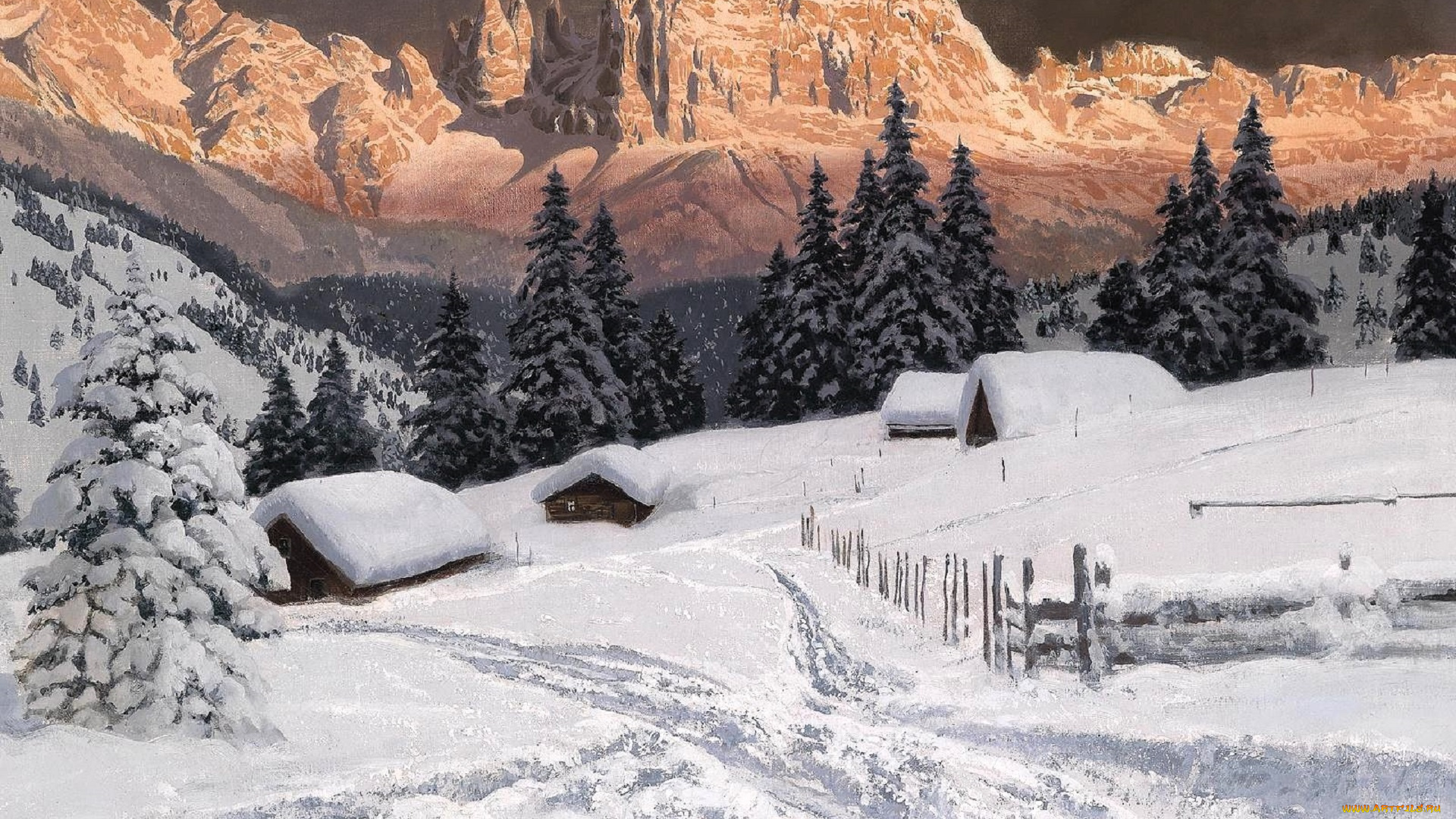 рисованное, alois, arnegger, дома, горы, долина, лес, ёлки, снег, зима, следы