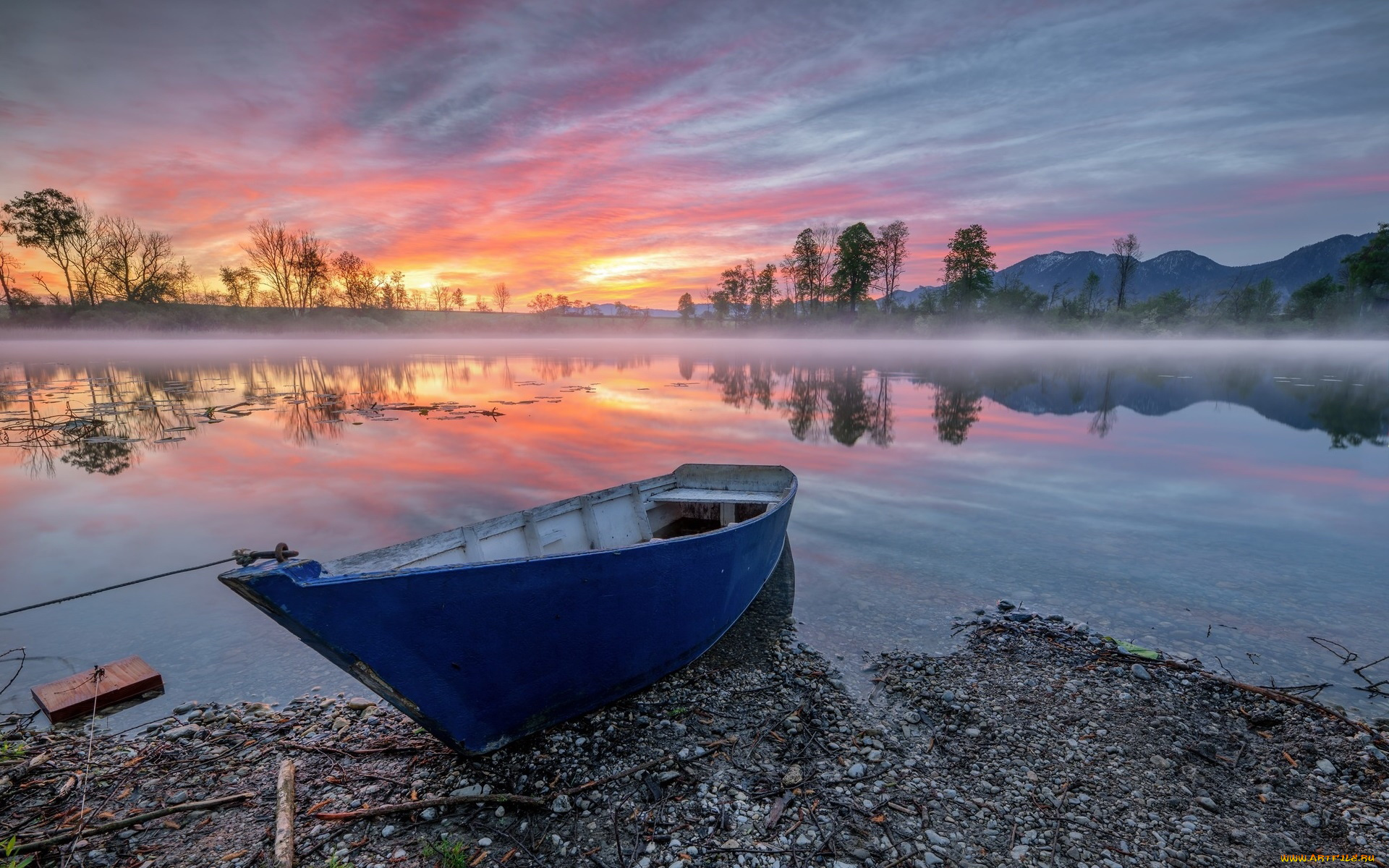 корабли, лодки, , шлюпки, горы, река, лодка, закат, туман