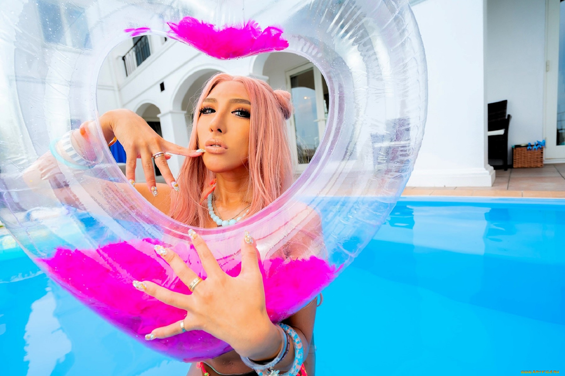 девушки, nonsummerjack, купальник, украшения, особняк, бассейн, круги