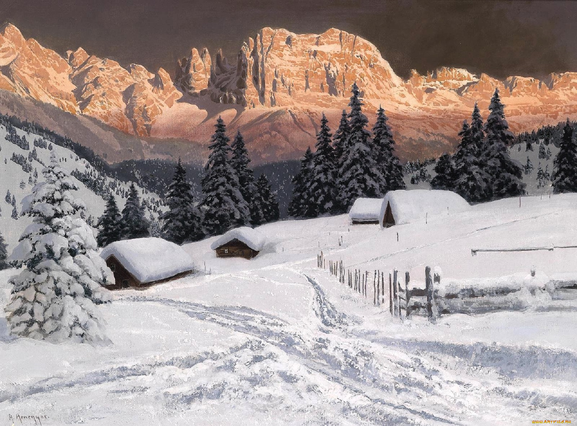 рисованное, alois, arnegger, дома, горы, долина, лес, ёлки, снег, зима, следы