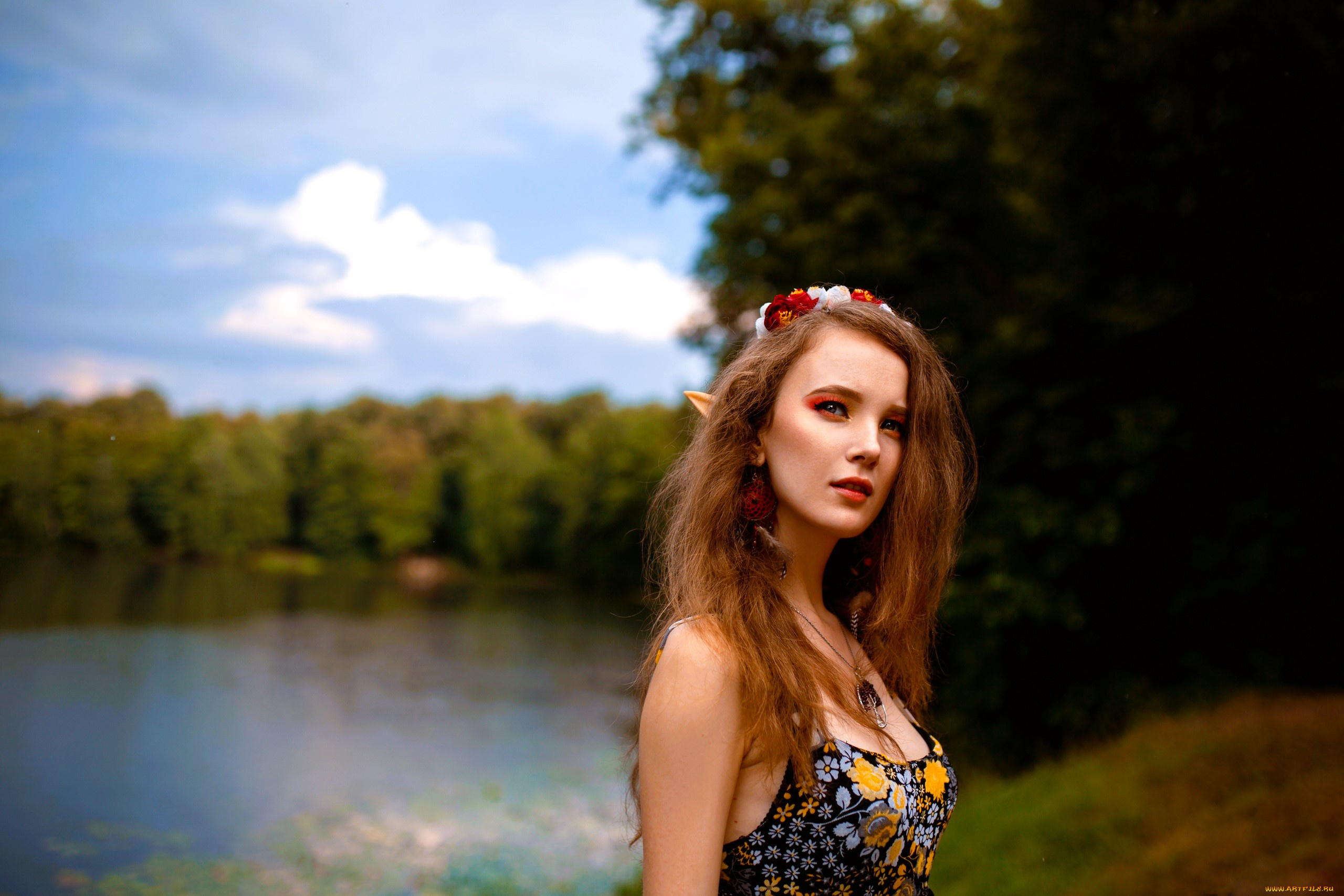 девушки, ксана, станкевич, косплей, образ, эльфийка, ушки, украшения, лес, озеро