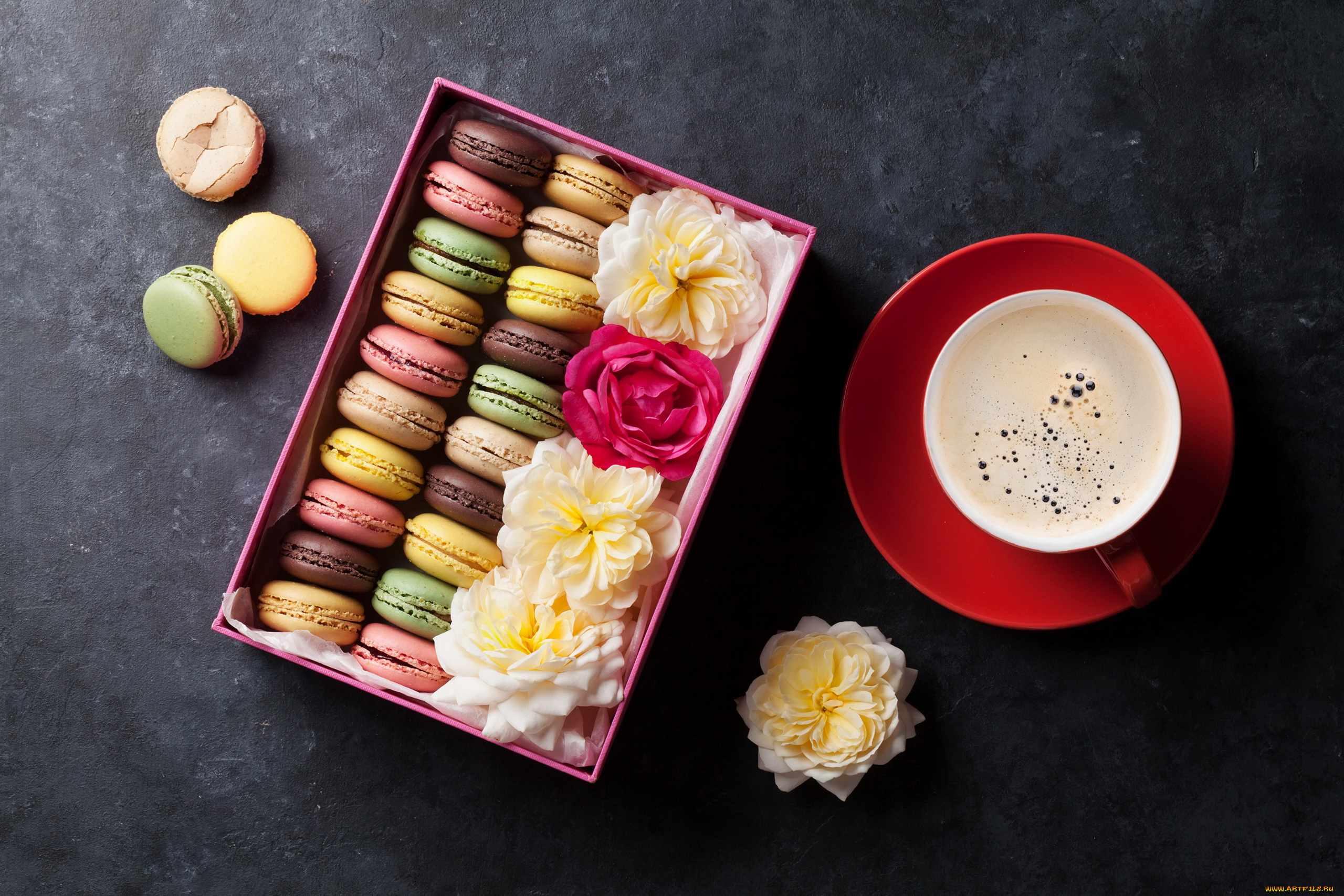 еда, макаруны, лакомство, ассорти, розы, кофе