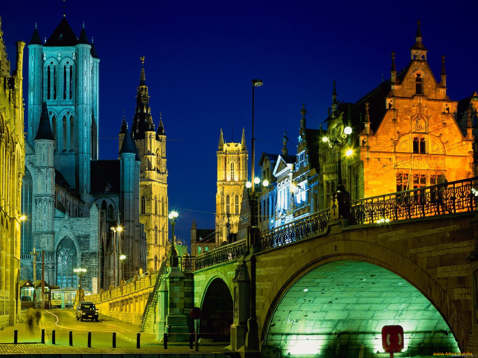 ghent, belgium, города, огни, ночного