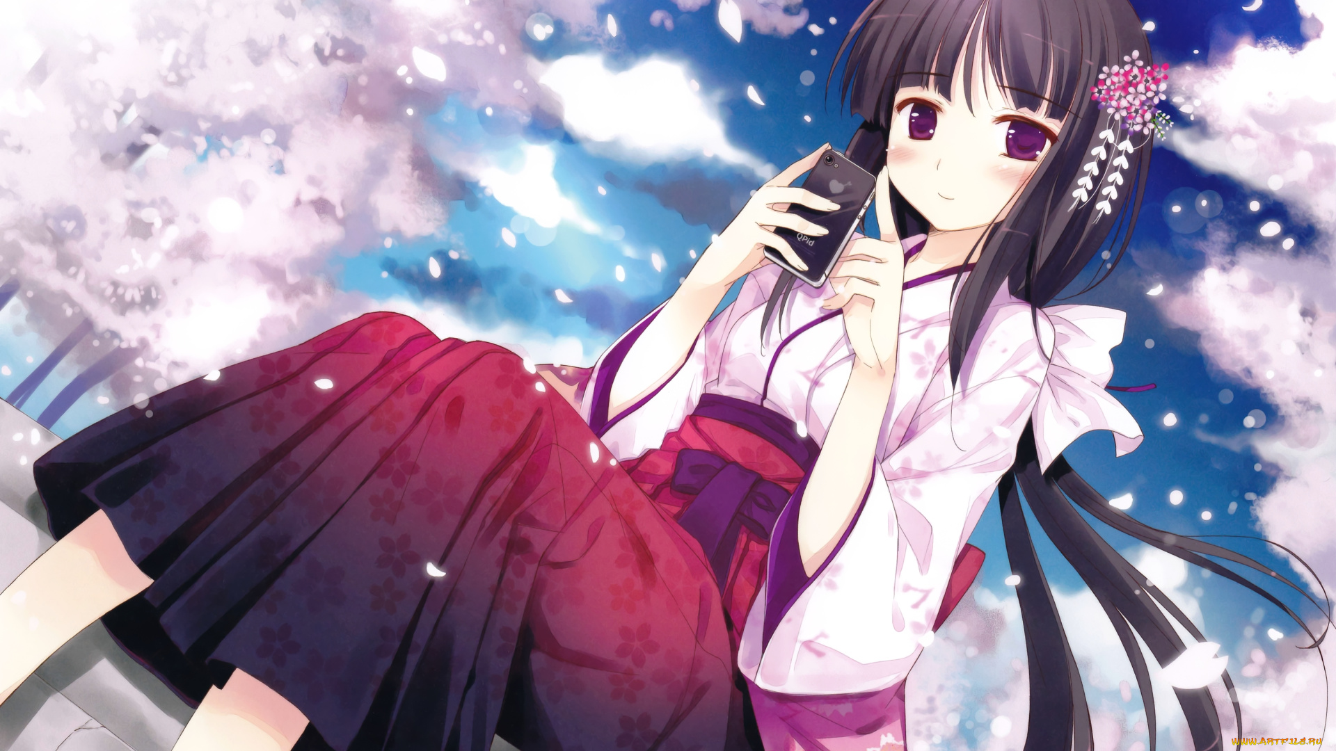 аниме, *unknown, другое, длинные, волосы, чёрные, девушка, фиолетовые, глаза, лепестки, японская, одежда, сакура, iphone