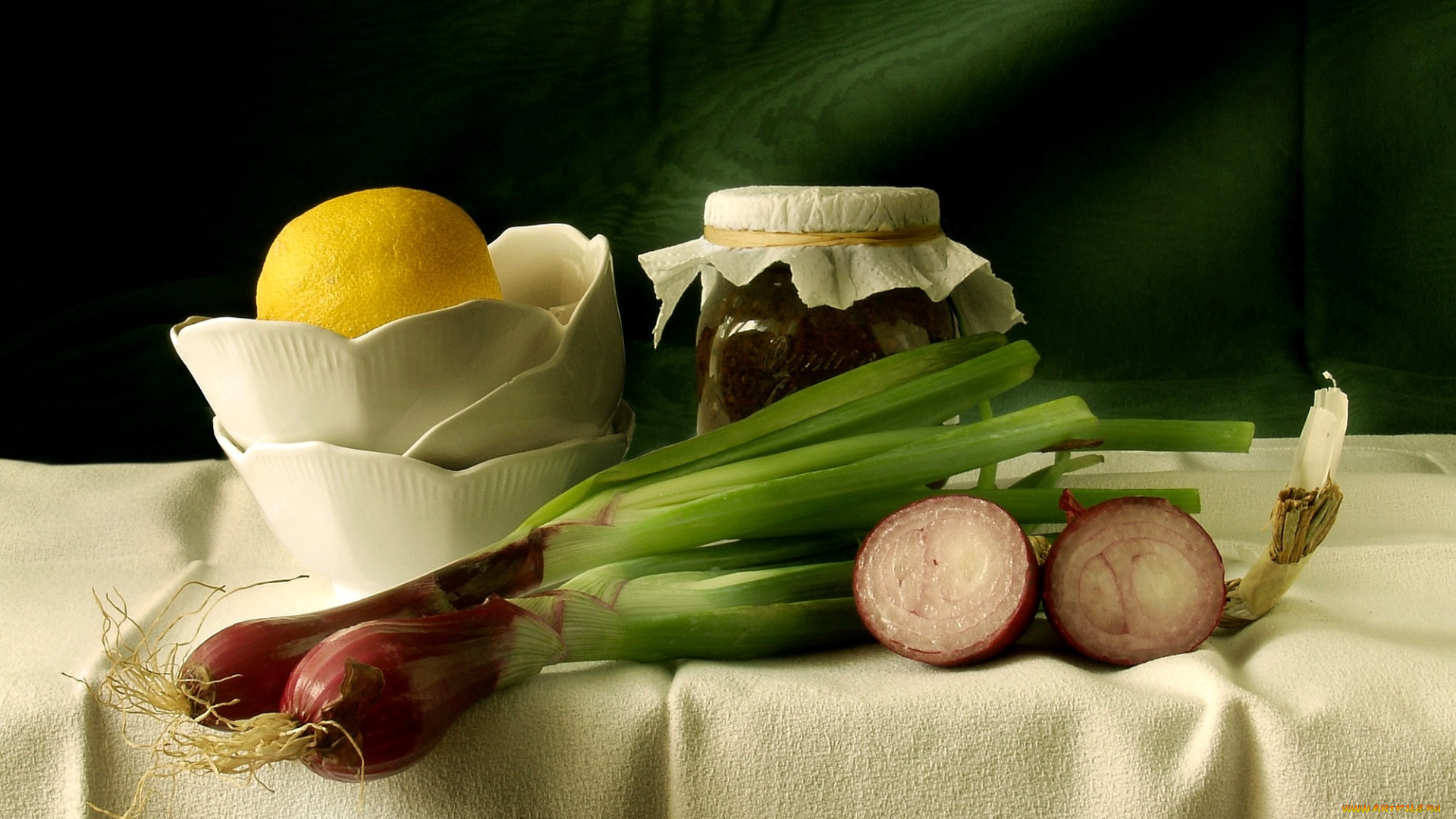 еда, натюрморт, лук, банка, лимон