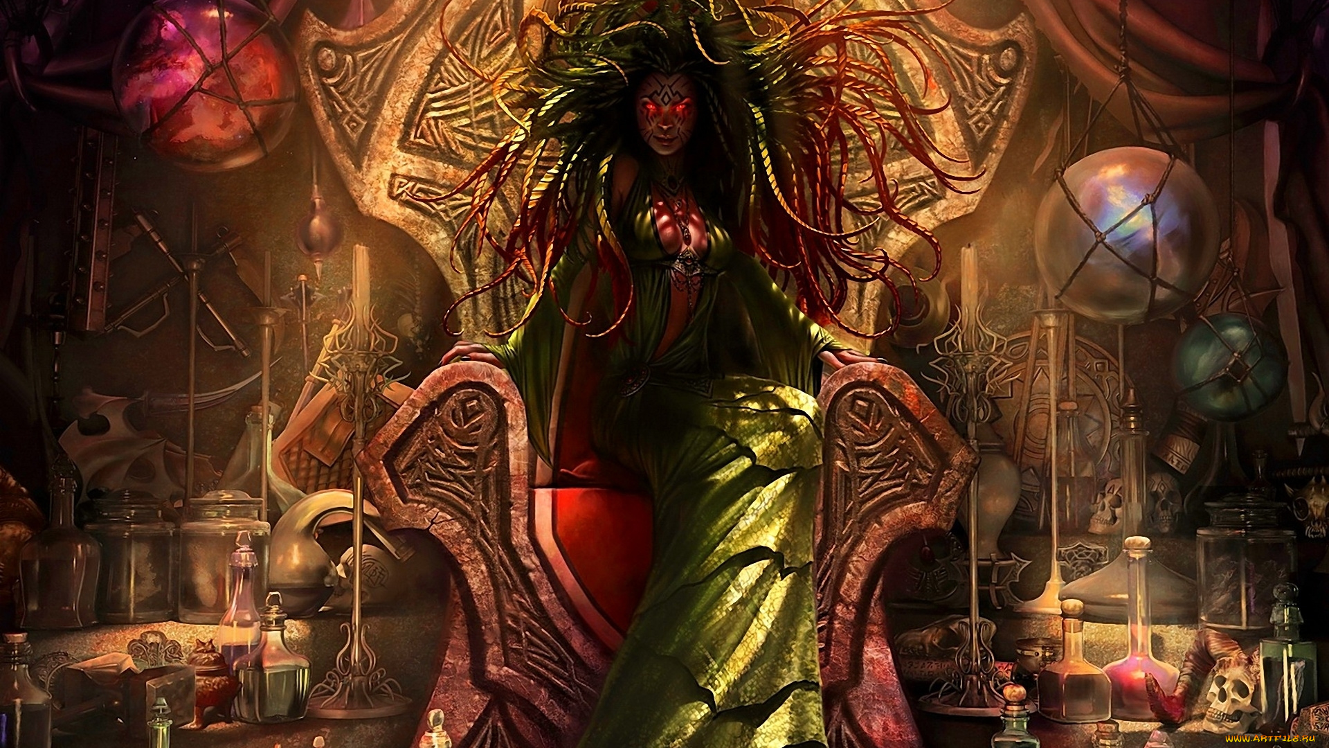 фэнтези, маги, лаборатория, трон, колдунья, колбы