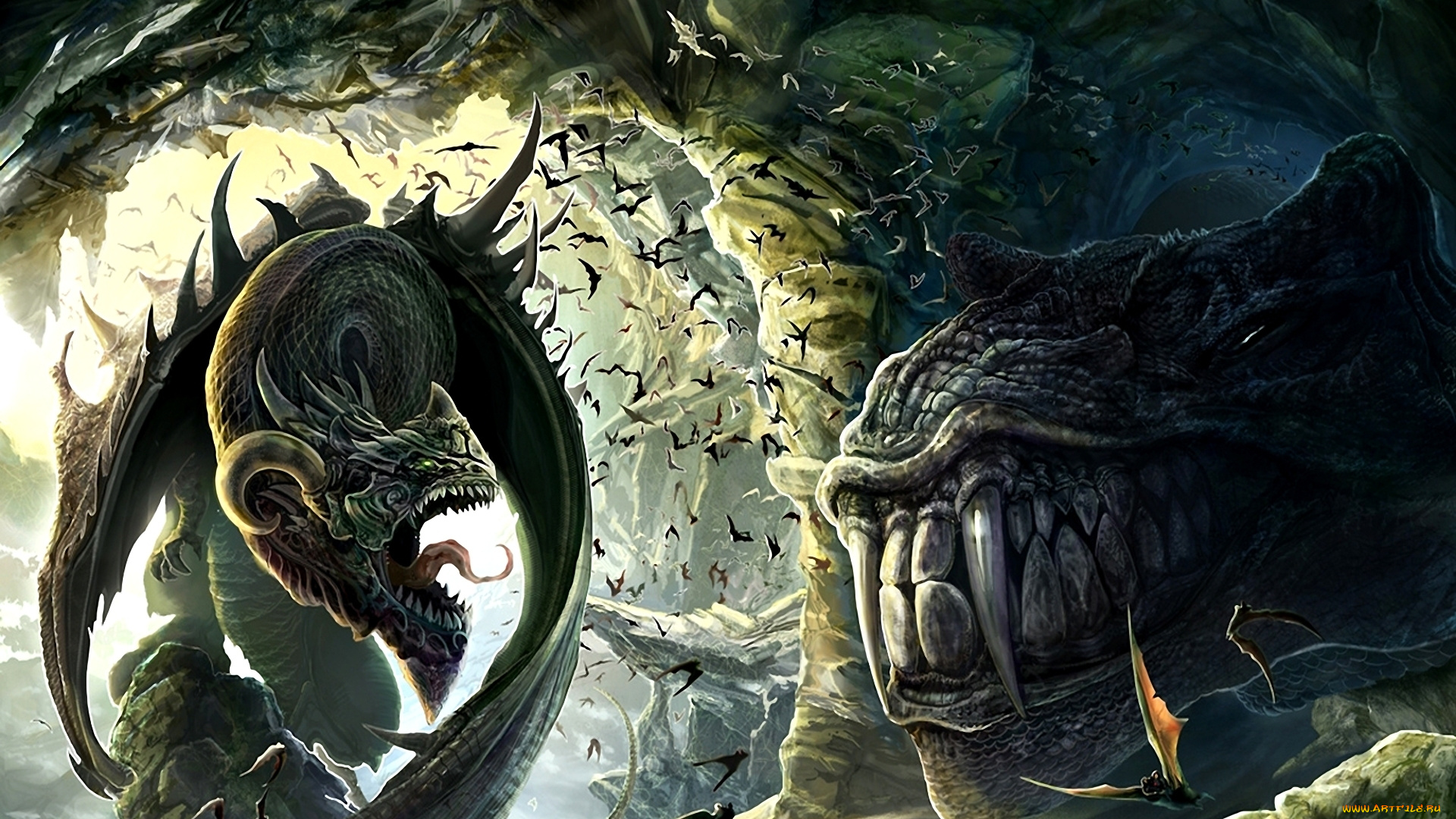 фэнтези, существа, встреча, пещера, динозавр, дракон