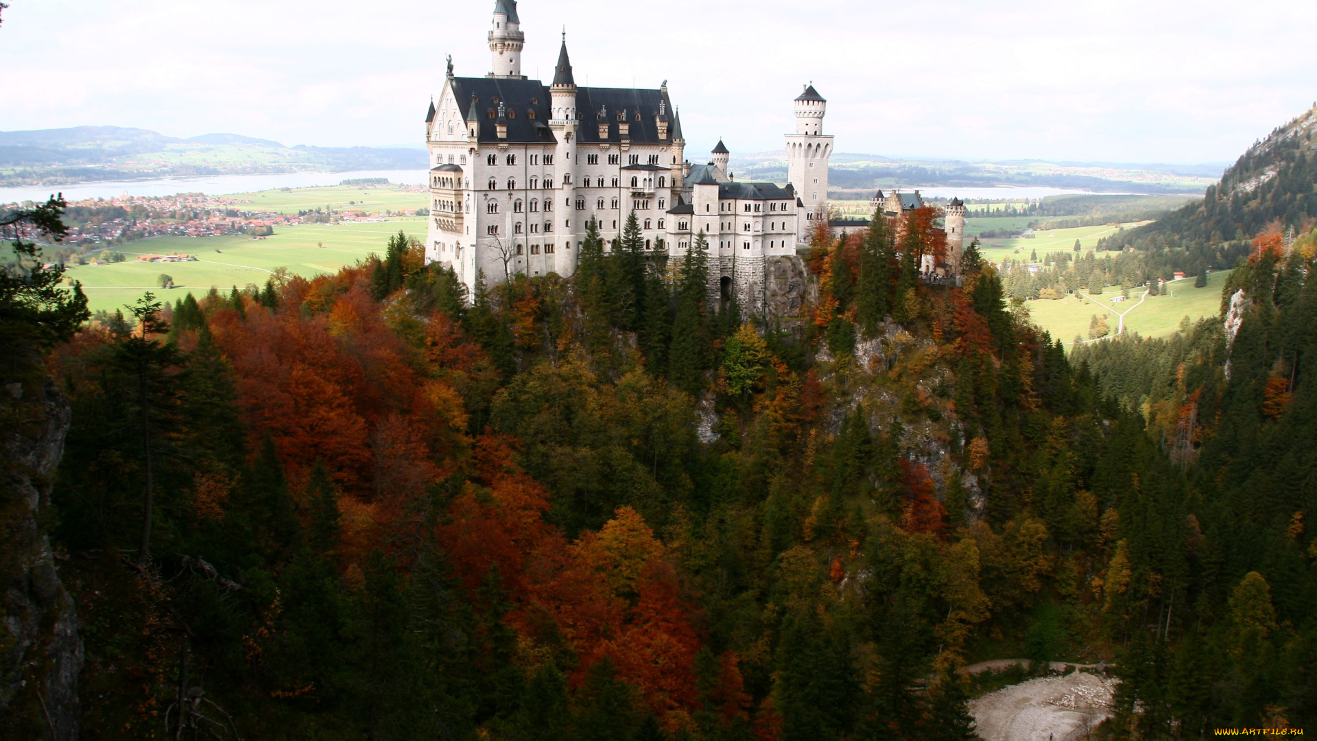 города, замок, нойшванштайн, германия, осень, гора, башни