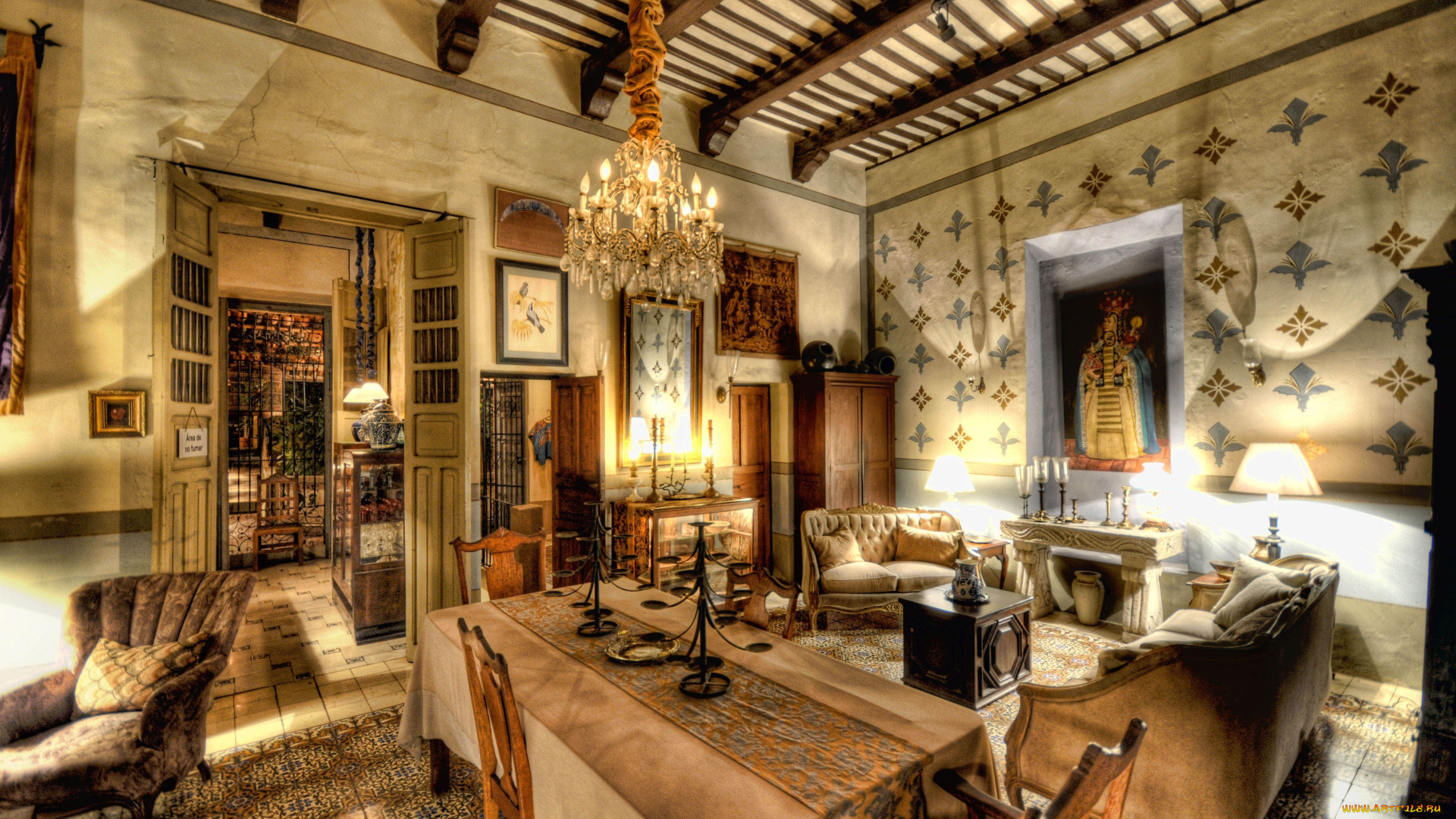 интерьер, гостиная, стол, люстра