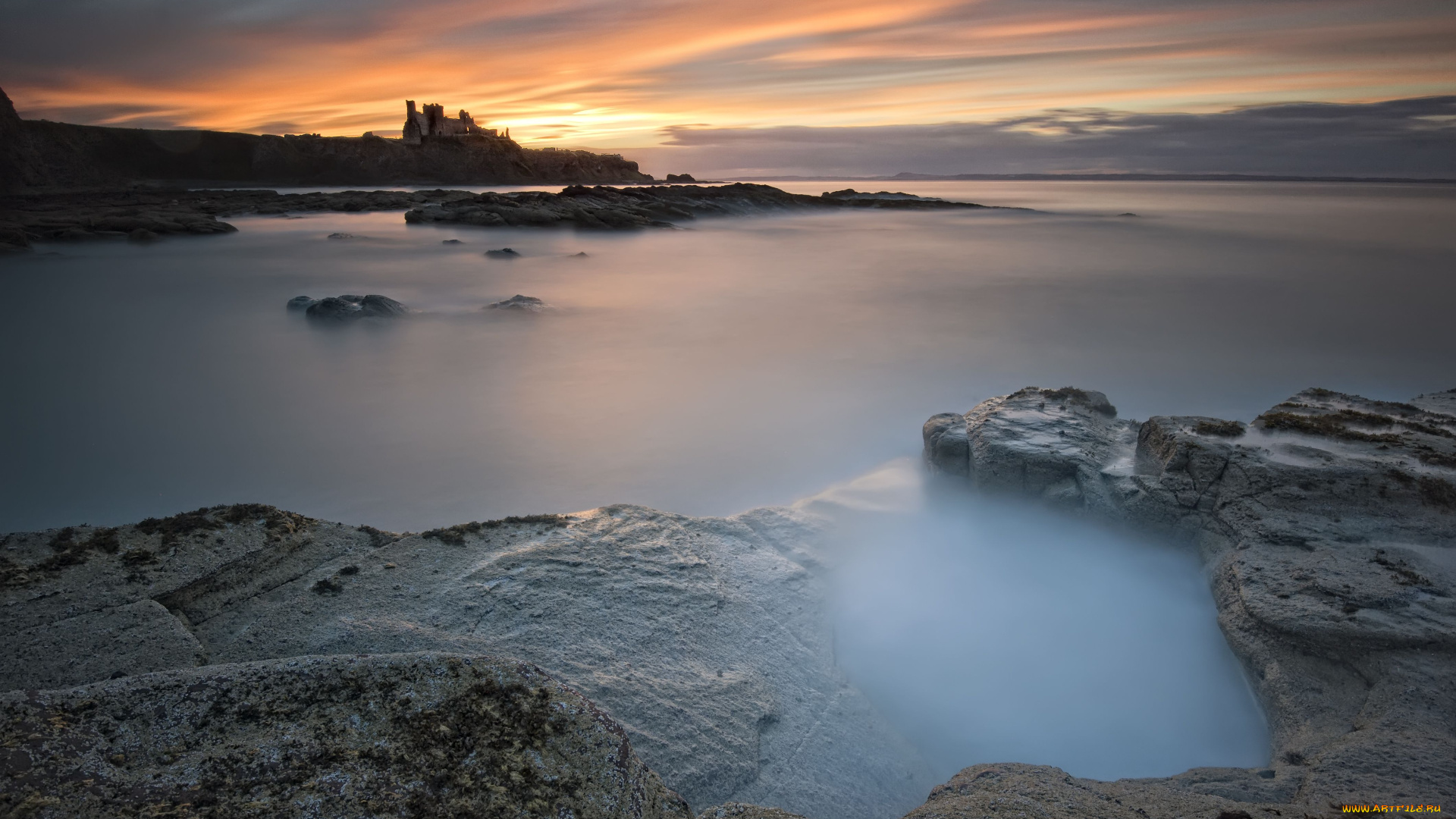 природа, побережье, море, закат, камни, берег, развалины