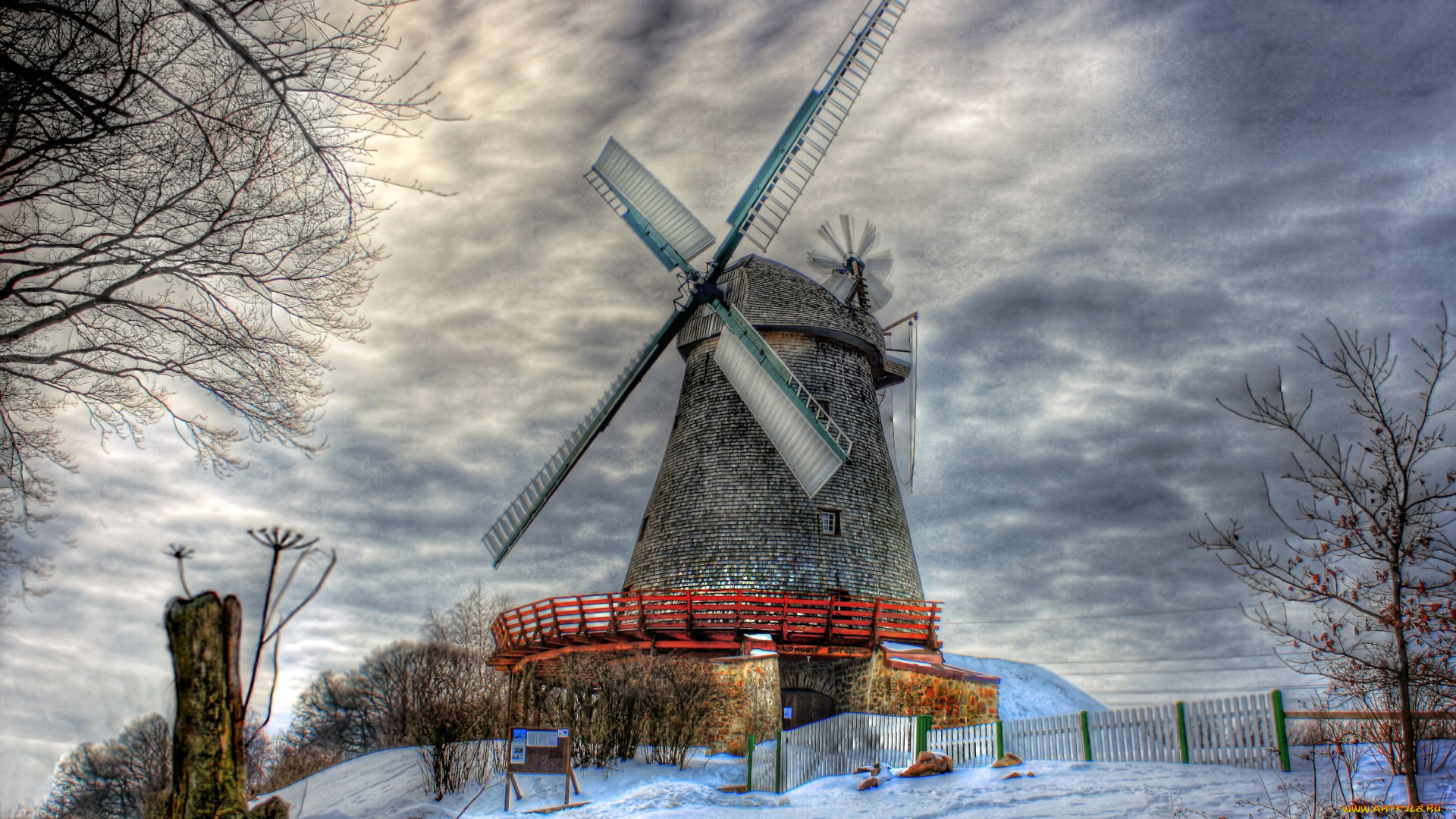 разное, мельницы, пейзаж, лопасти, зима