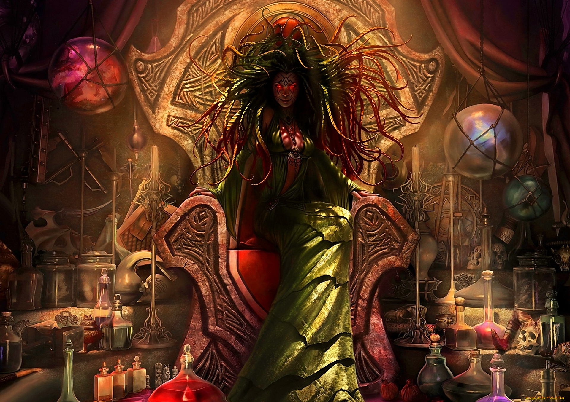 фэнтези, маги, лаборатория, трон, колдунья, колбы
