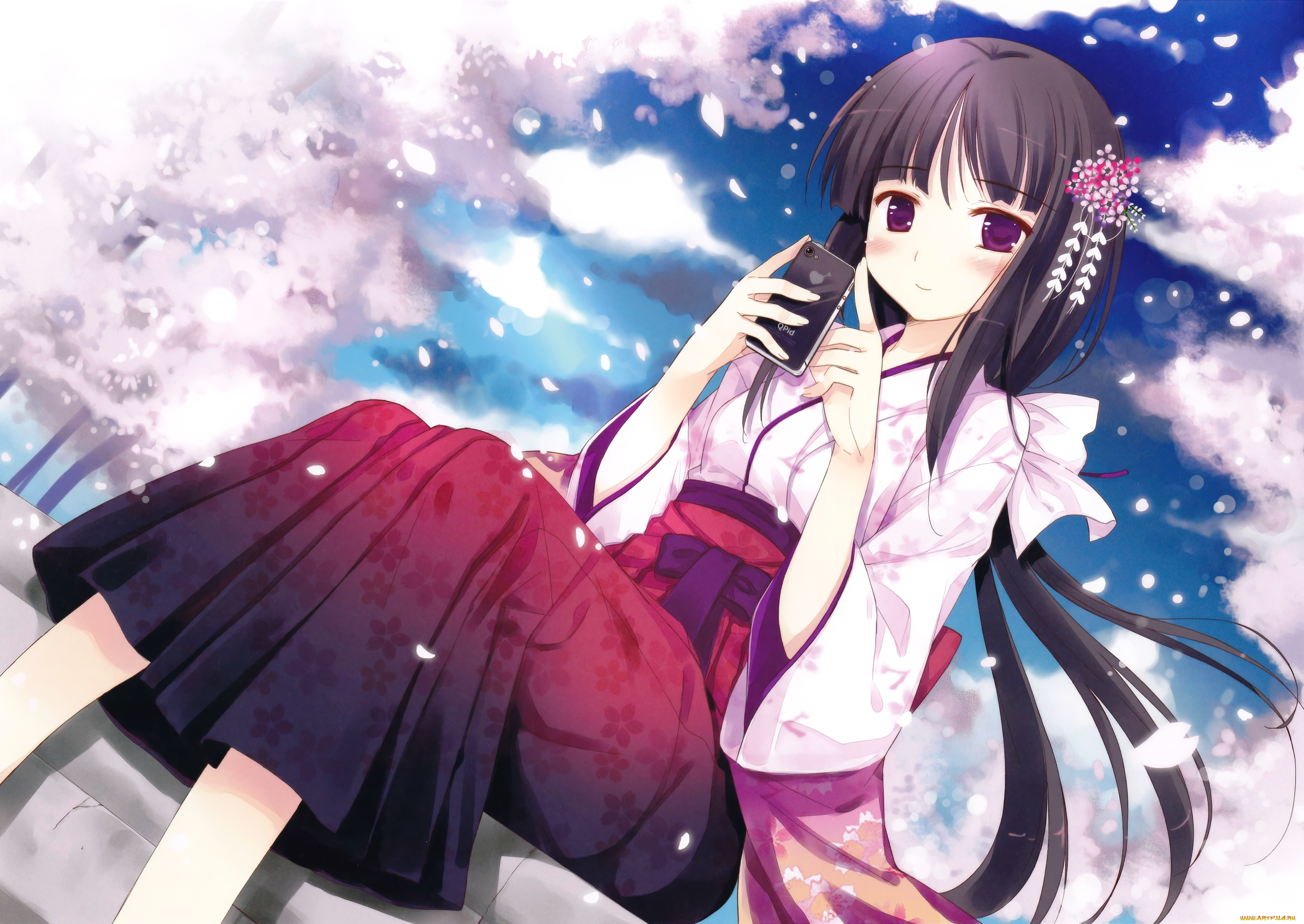 аниме, *unknown, другое, длинные, волосы, чёрные, девушка, фиолетовые, глаза, лепестки, японская, одежда, сакура, iphone