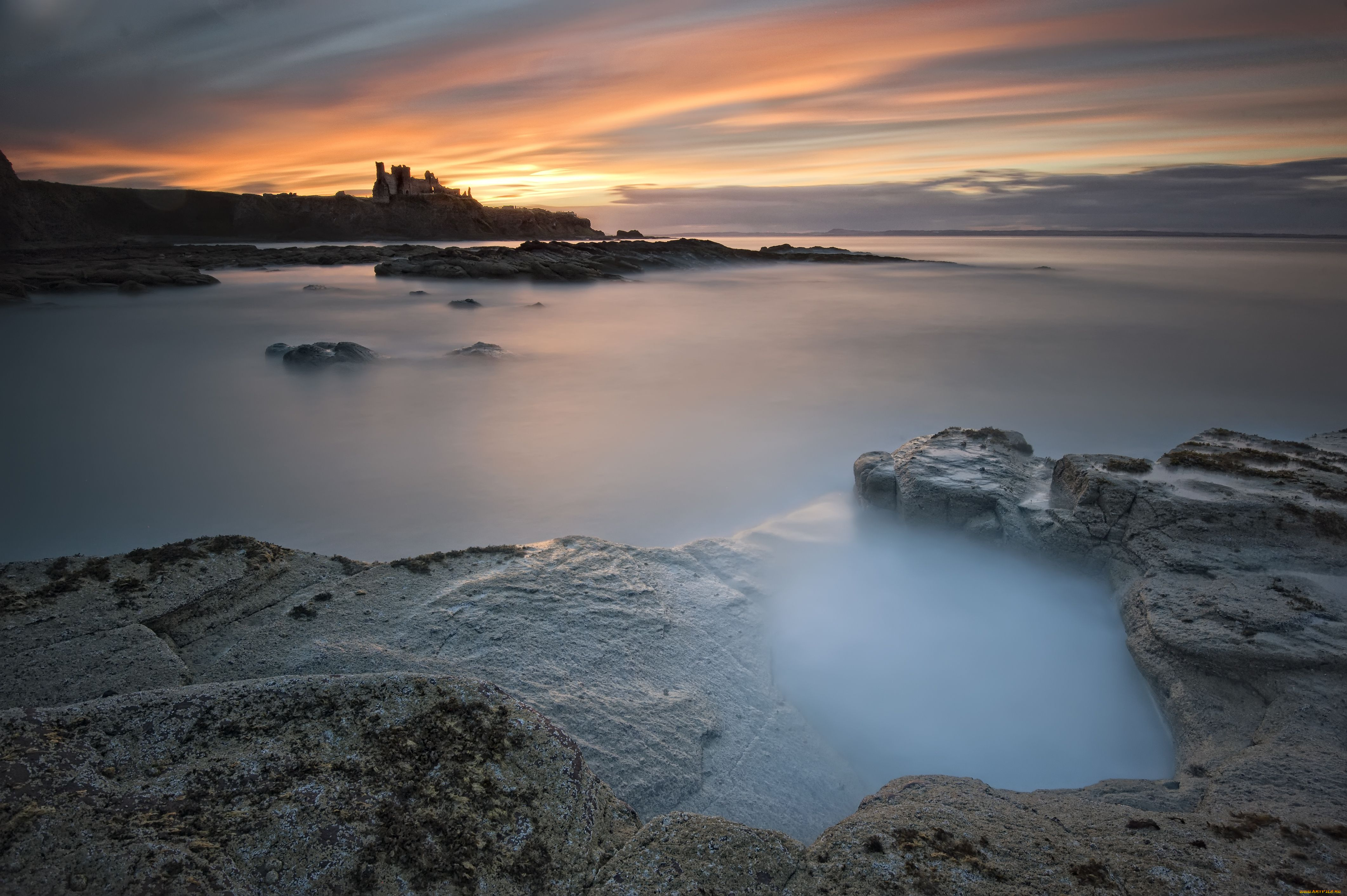 природа, побережье, море, закат, камни, берег, развалины