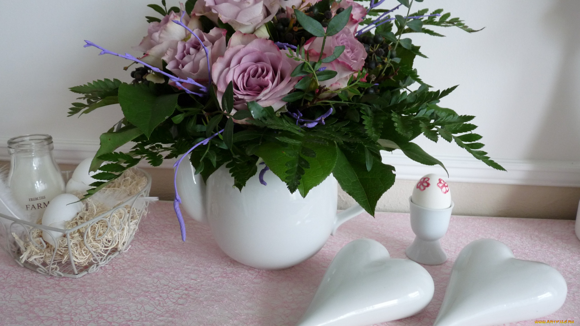 цветы, букеты, композиции, розы, сердечки, папоротник