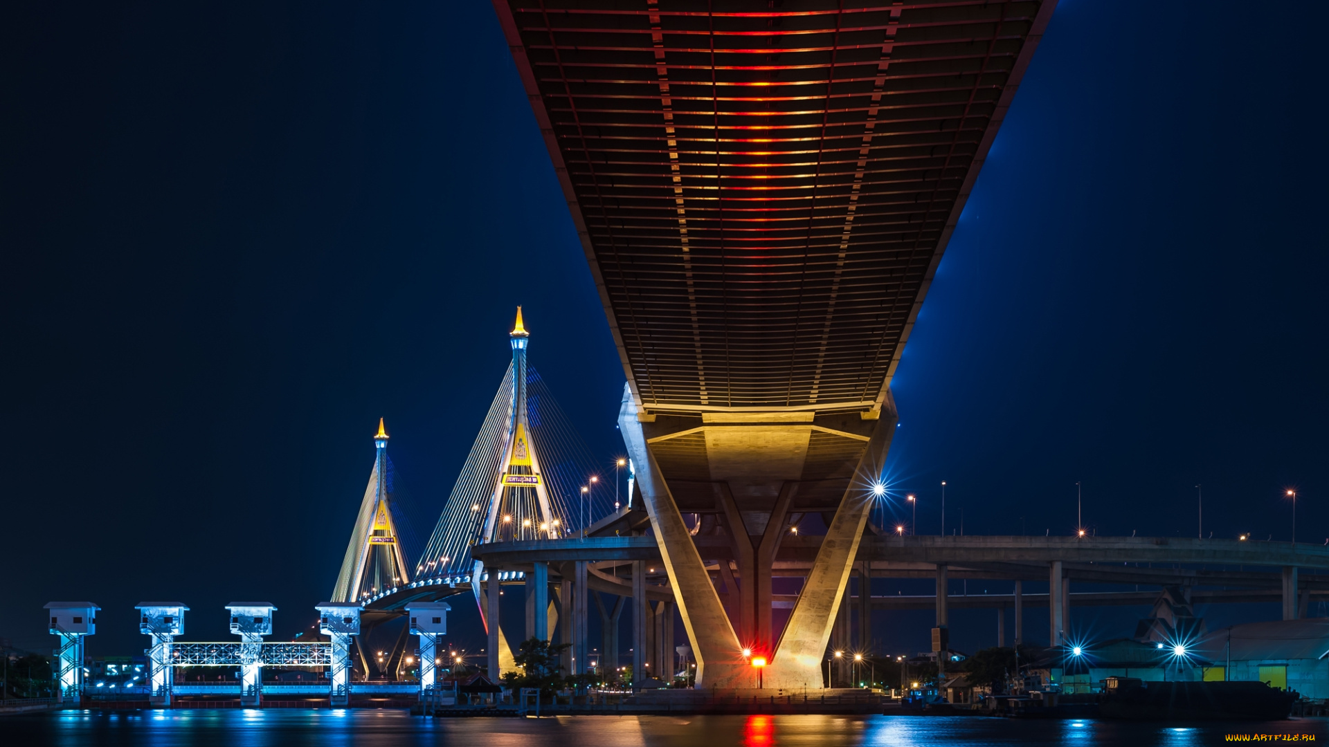 города, бангкок, таиланд, мост, ночь