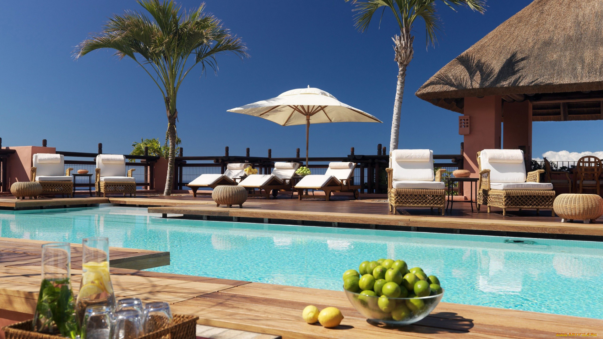 интерьер, бассейны, открытые, площадки, бассейн, шезлонги, пальмы