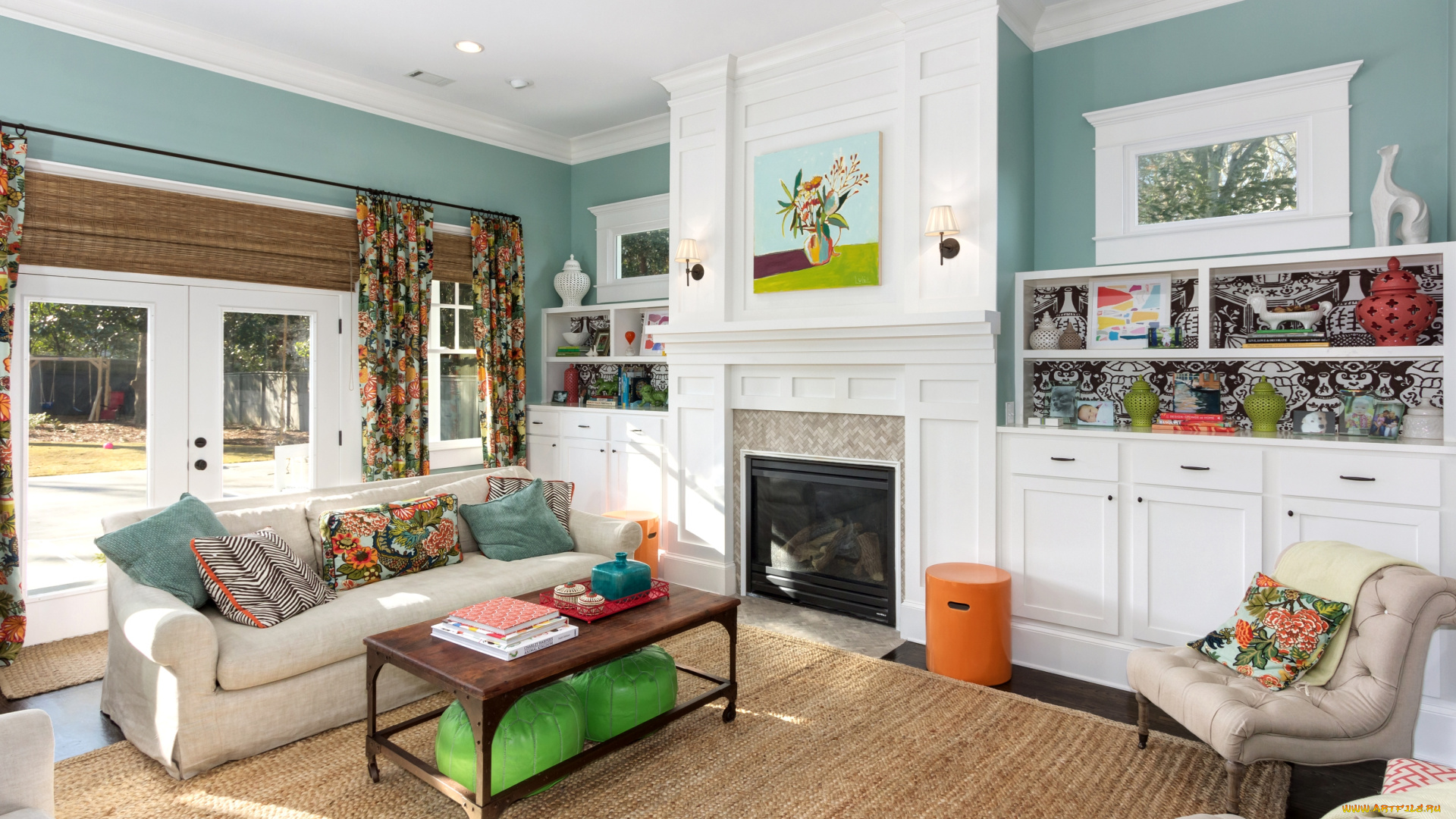 интерьер, гостиная, камин, столик, диваны