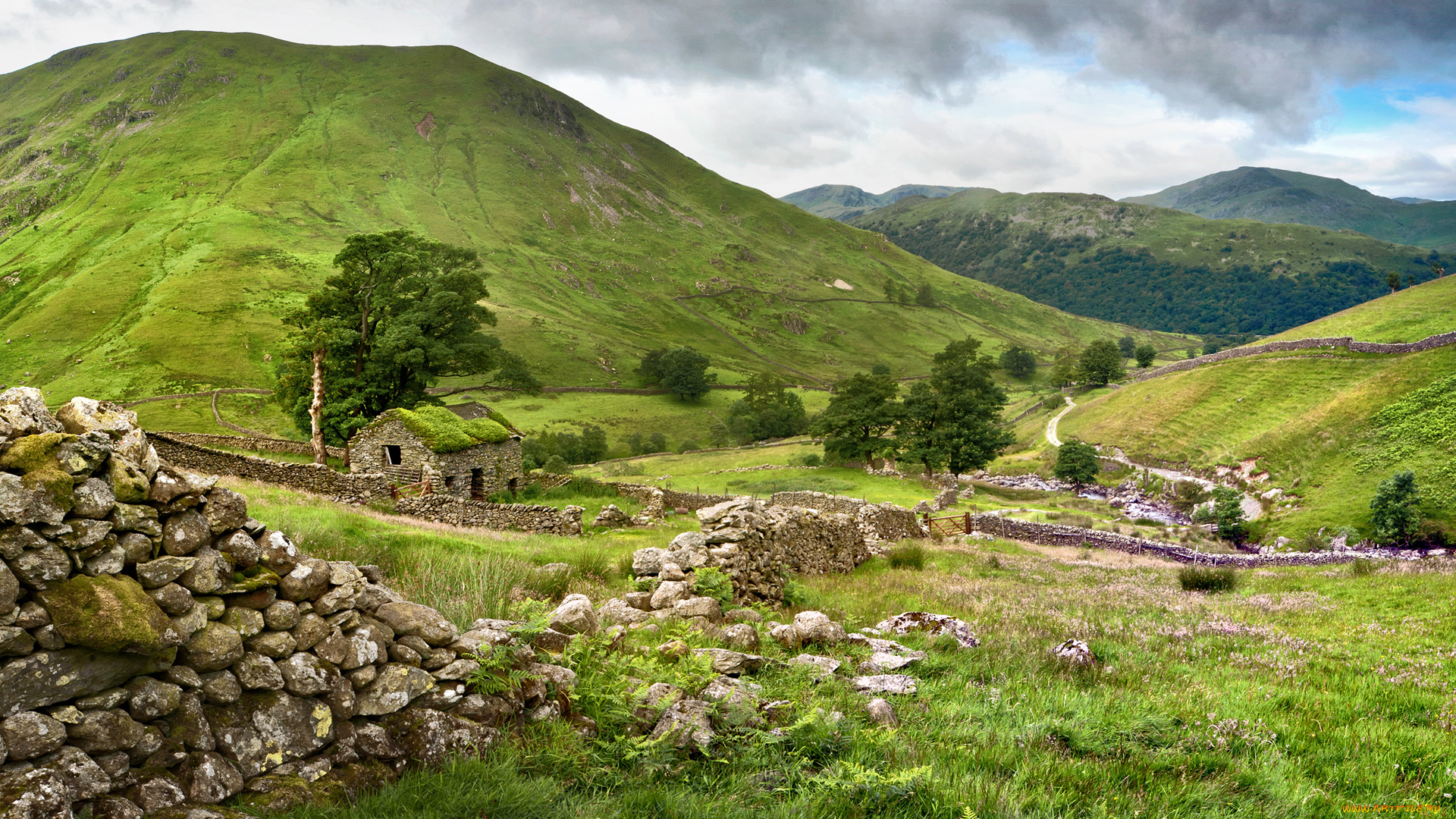 пейзаж, природа, горы, камни, домик, из, камней, забор