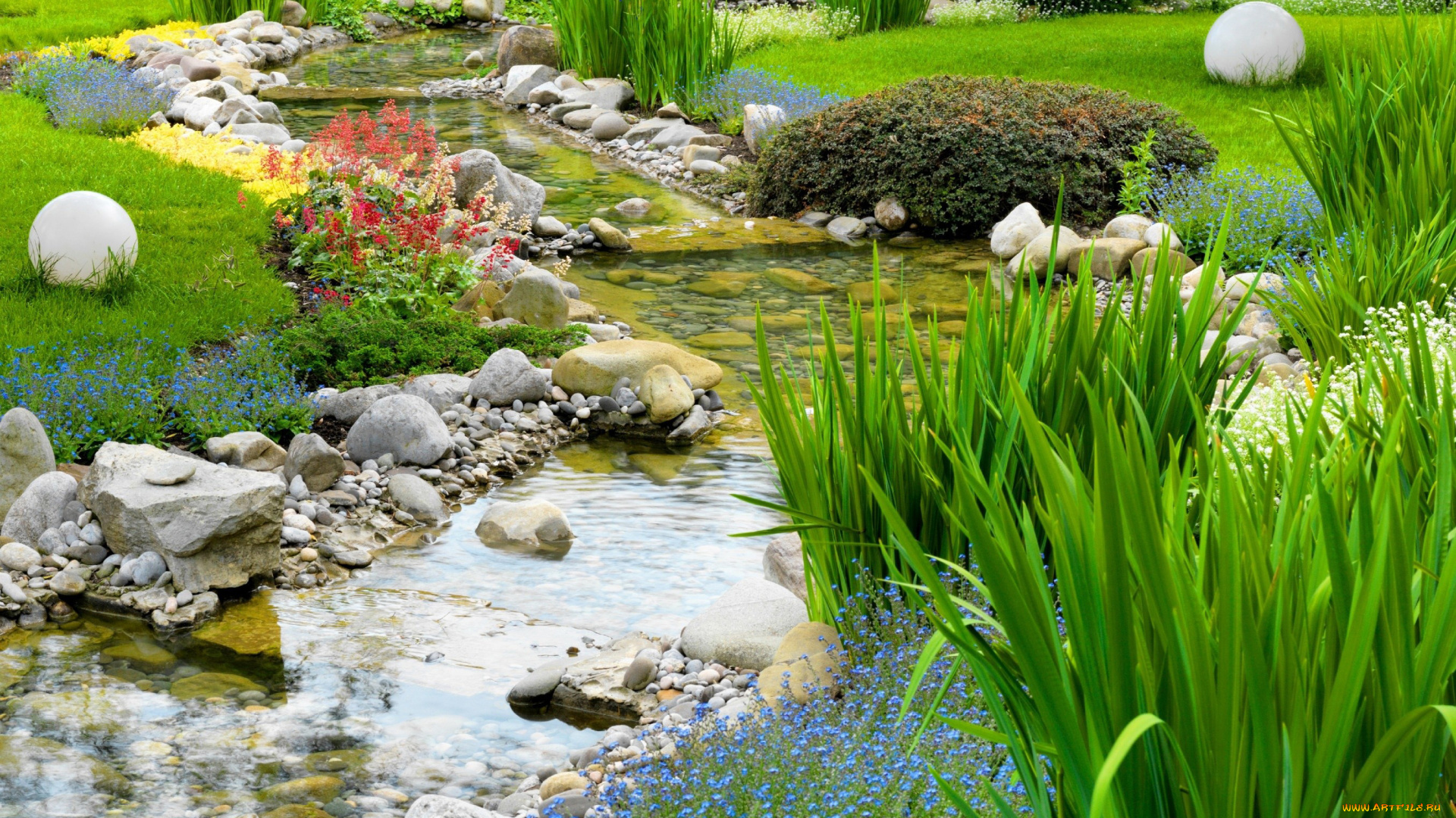 природа, парк, камни, камыши, ручей