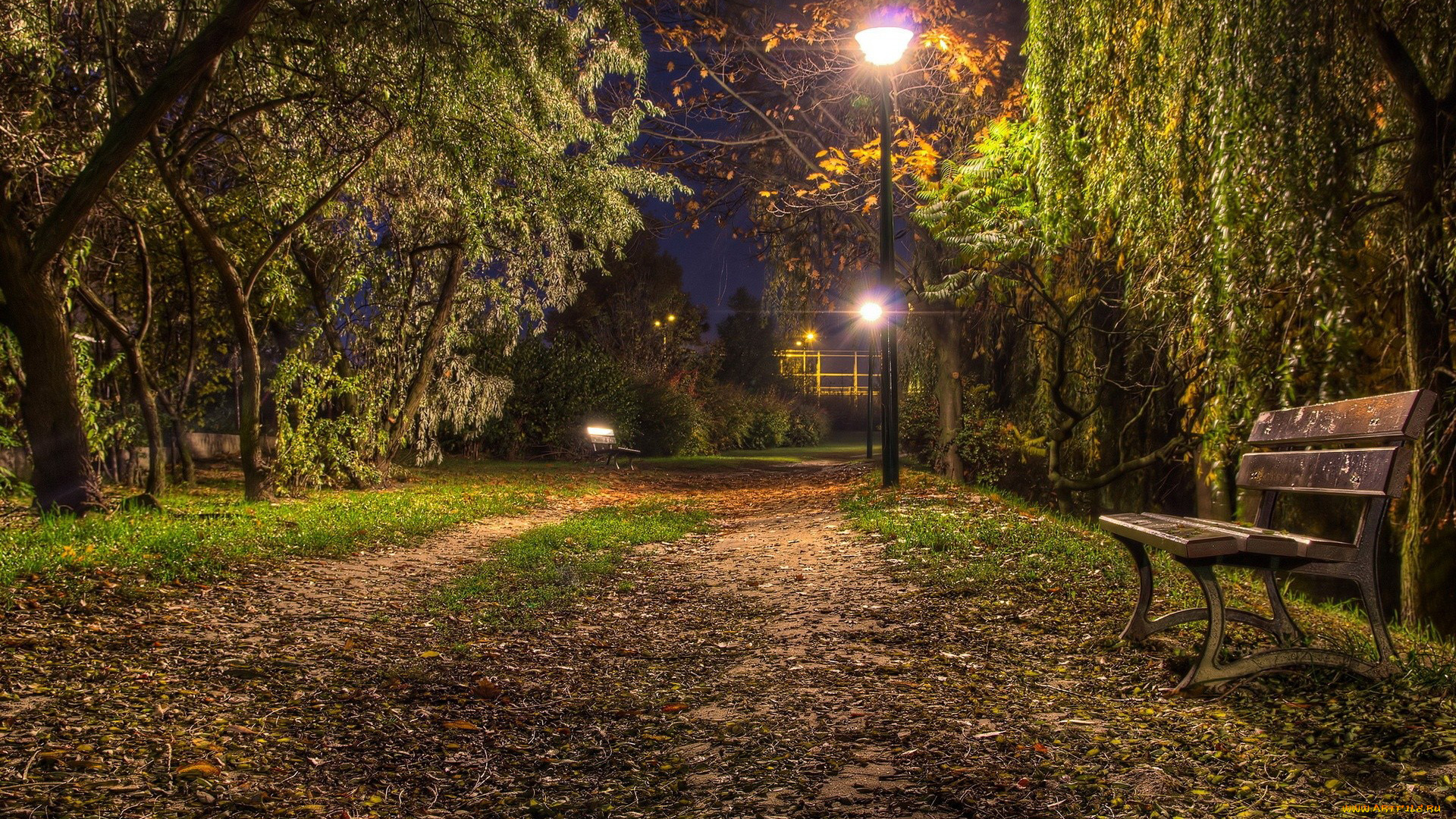 природа, парк, вечер, скамейка, фонари, аллея