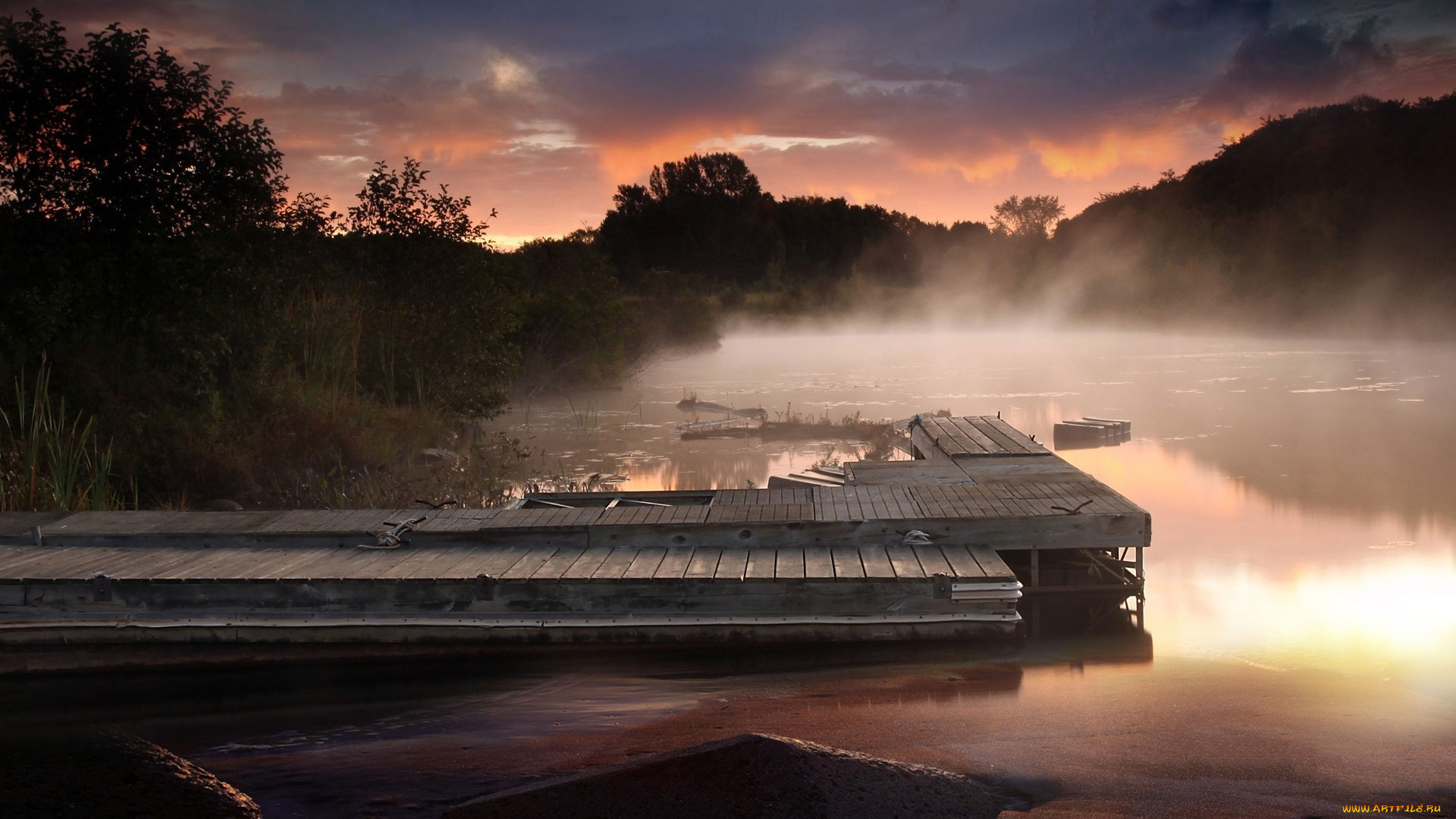 природа, реки, озера, вечер, река, туман, помост
