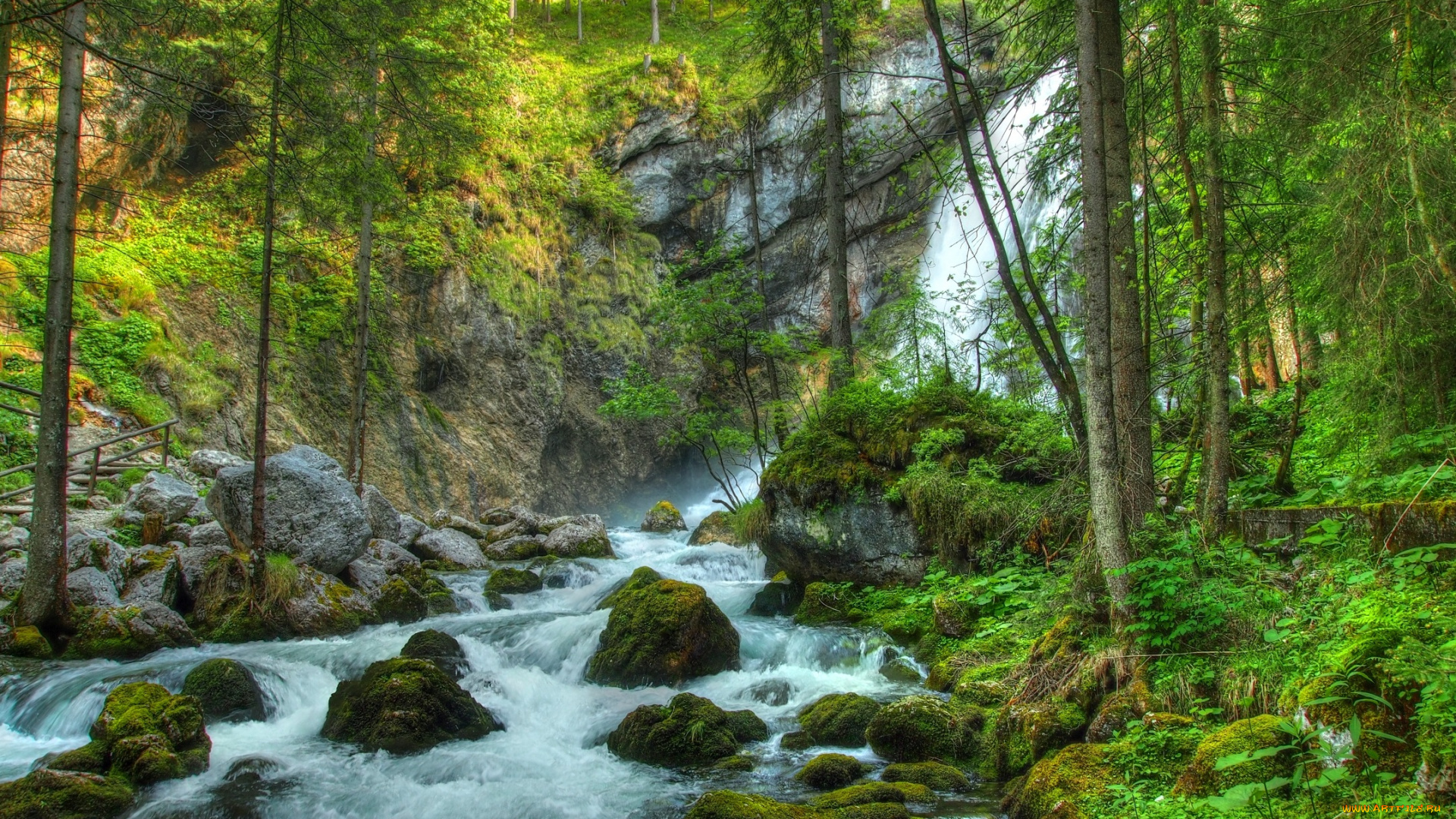 природа, водопады, лес, речка, камни, мох, трава