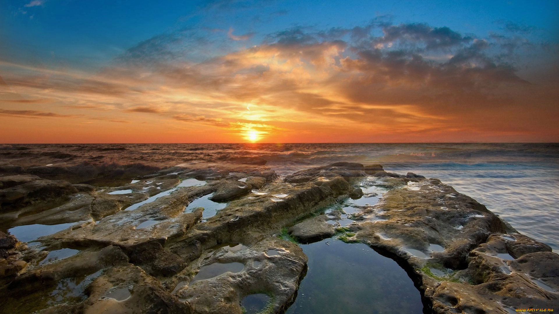 природа, восходы, закаты, океан, камни, горизонт, облака, солнце