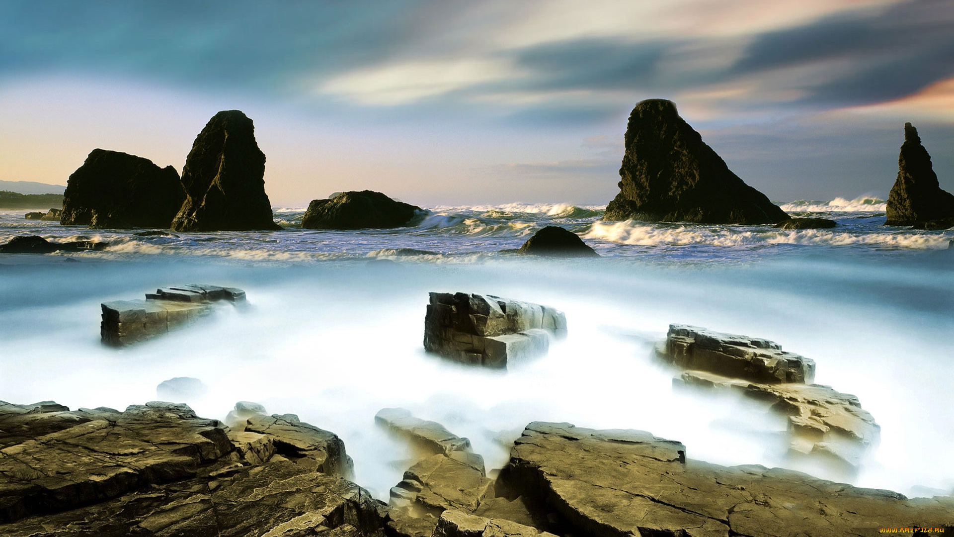 разное, компьютерный, дизайн, океан, скалы, камни, волны, туман