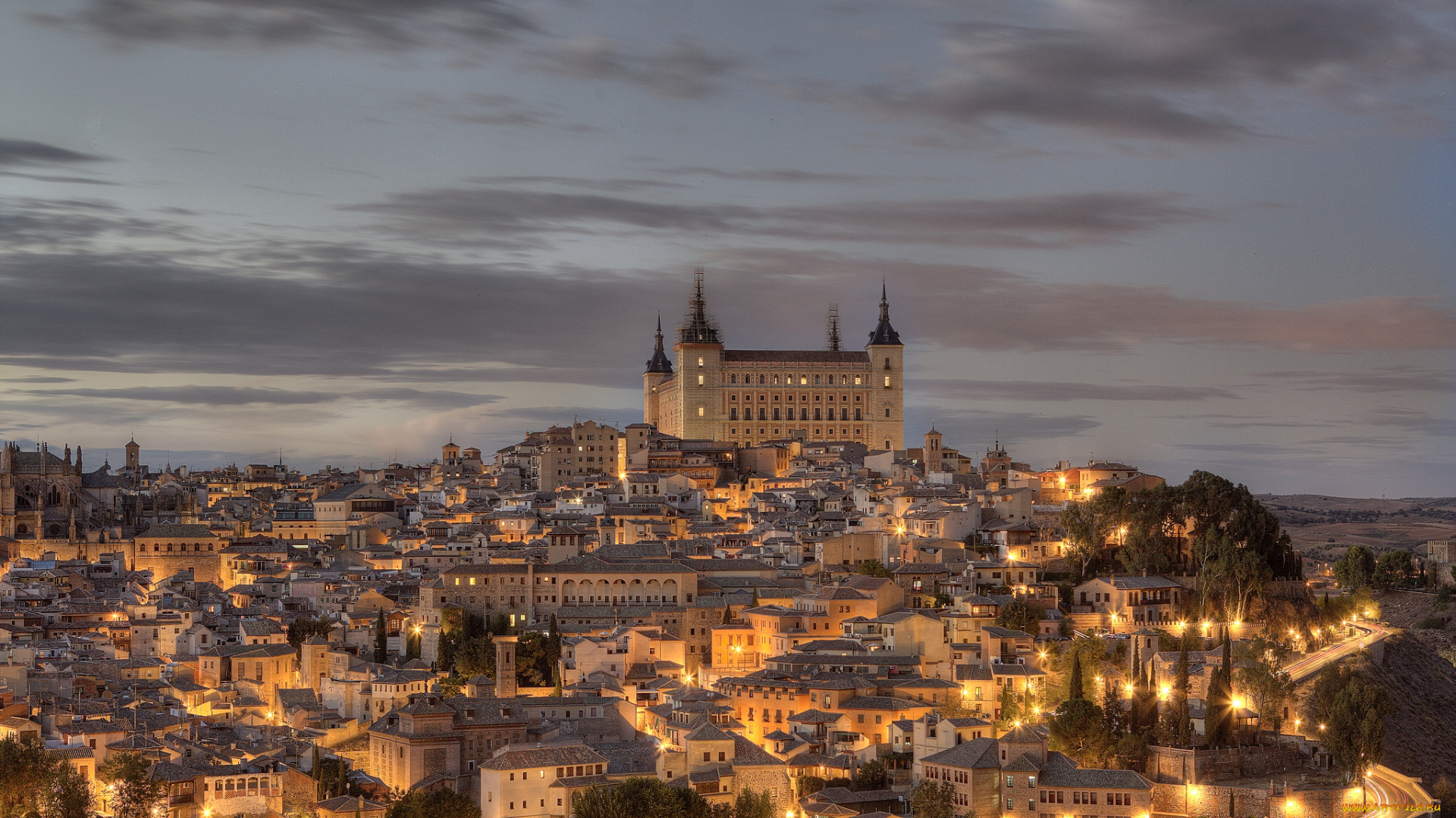 толедо, испания, города, замок, дома, вечер