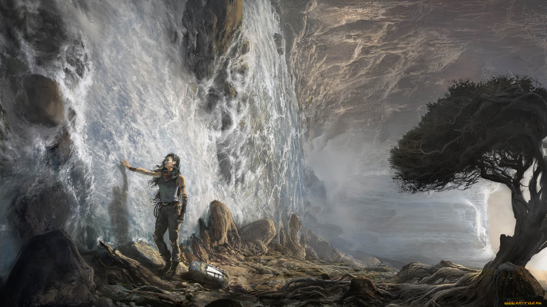 tomb, raider, 2013, видео, игры, lara, croft, фан-арт, дерево, скала