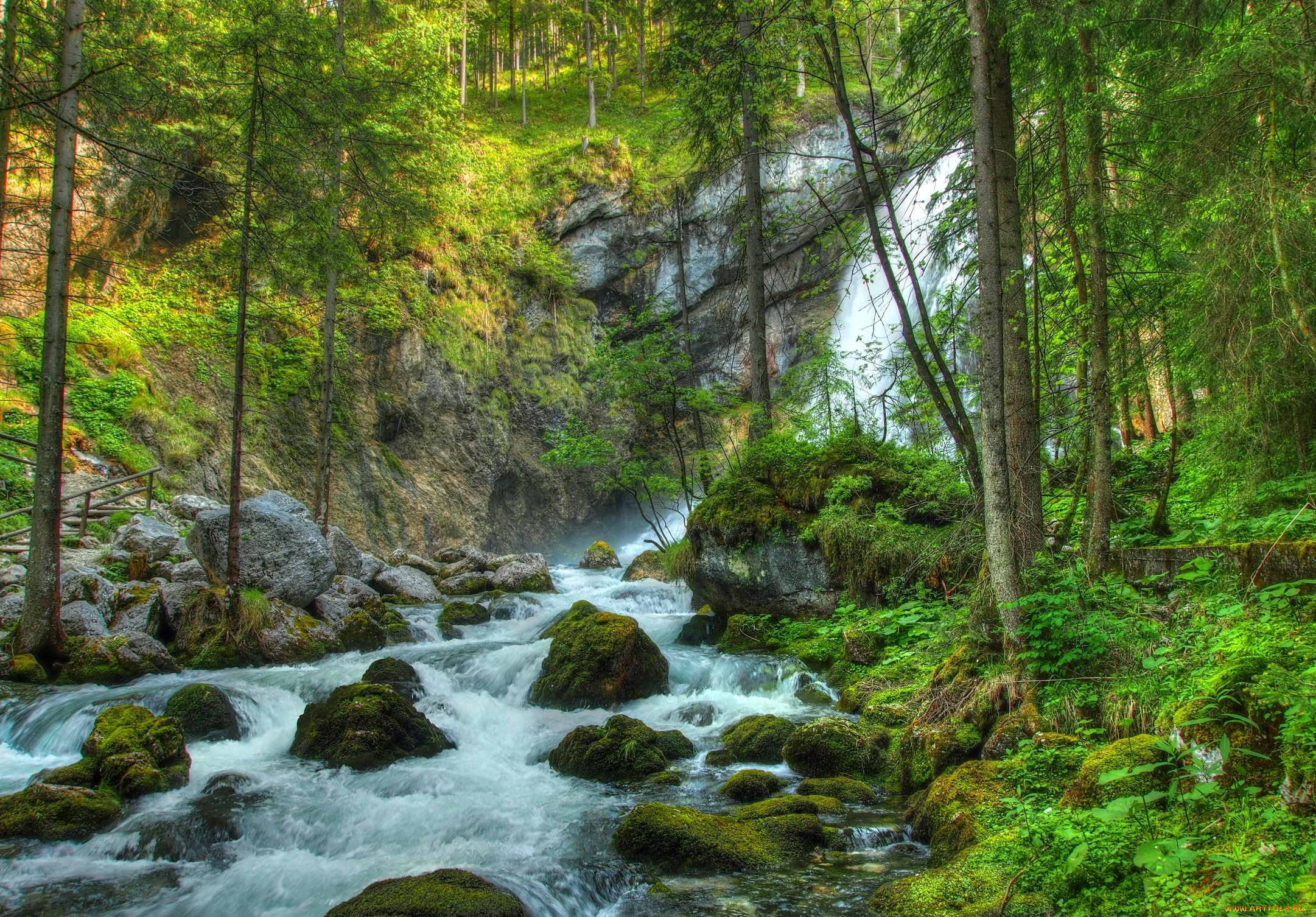 природа, водопады, лес, речка, камни, мох, трава