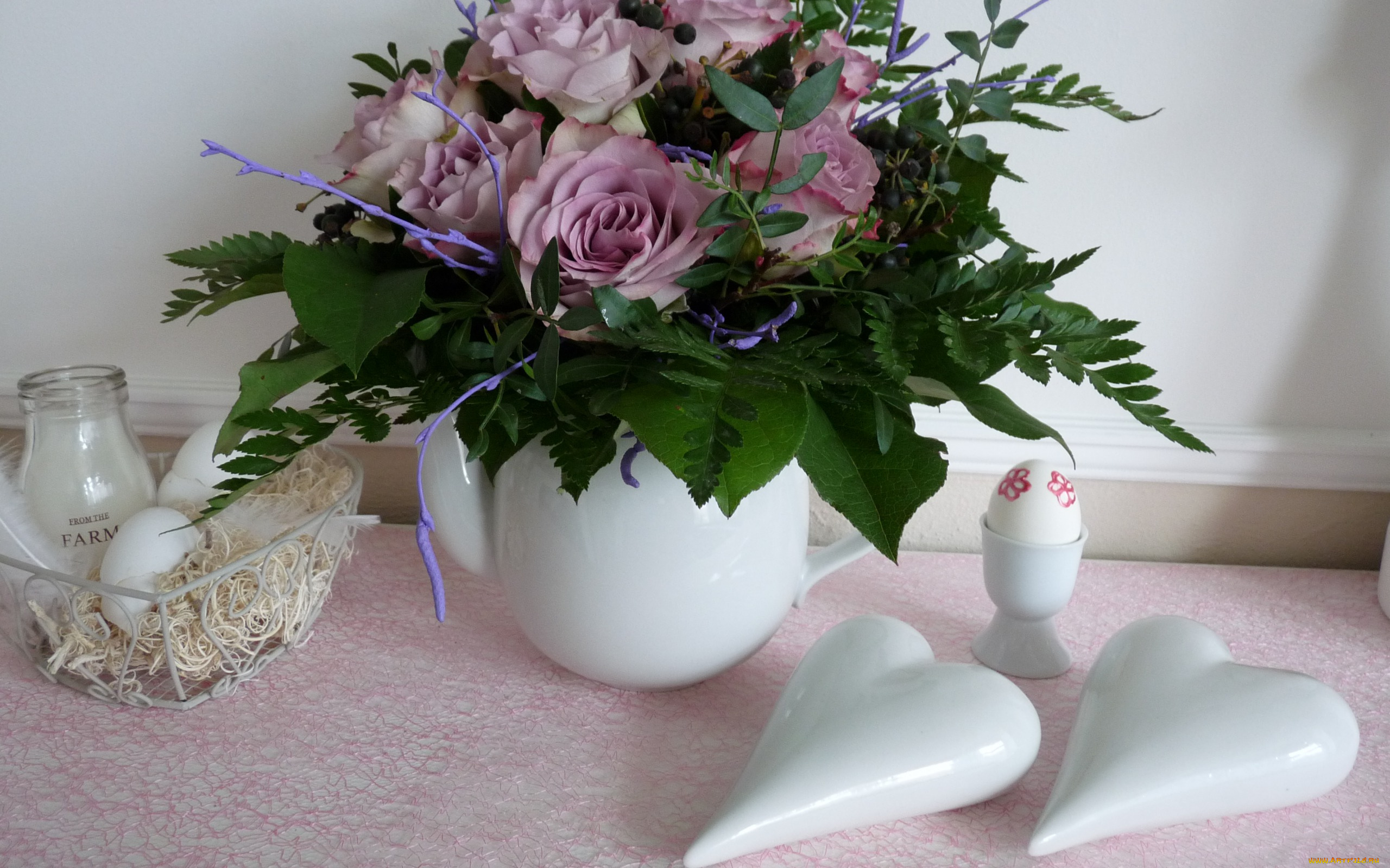 цветы, букеты, композиции, розы, сердечки, папоротник