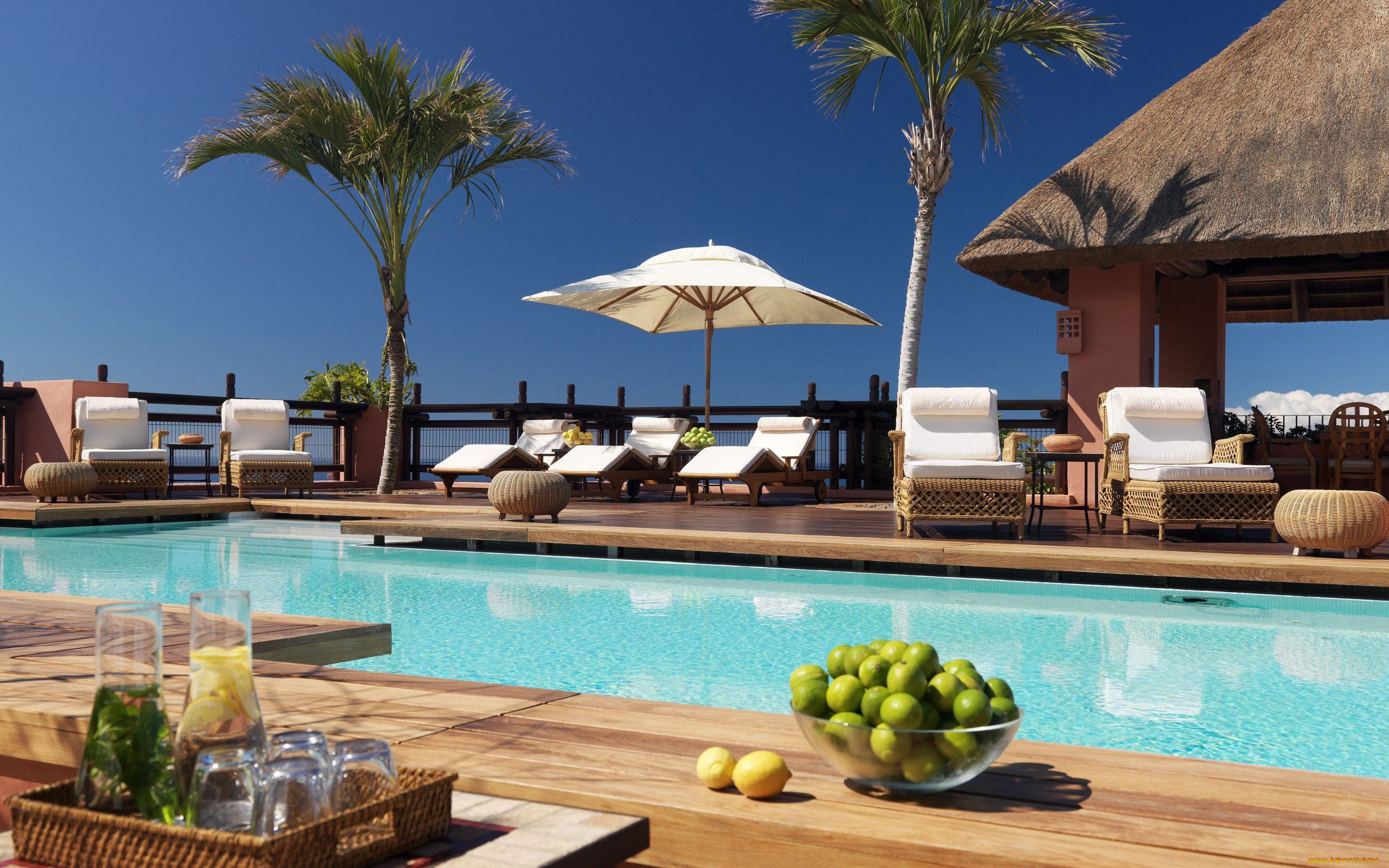 интерьер, бассейны, открытые, площадки, бассейн, шезлонги, пальмы