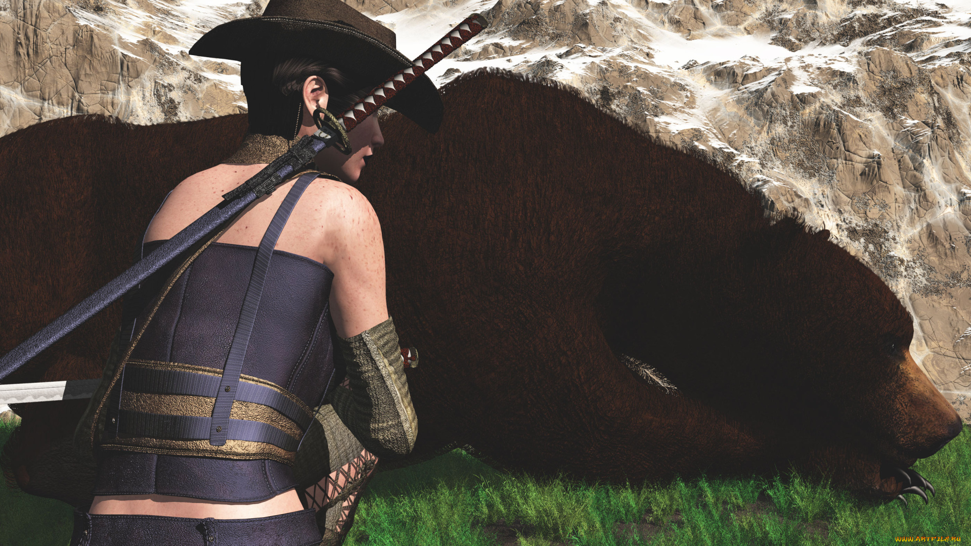 3д, графика, people, , люди, медведь, охотник